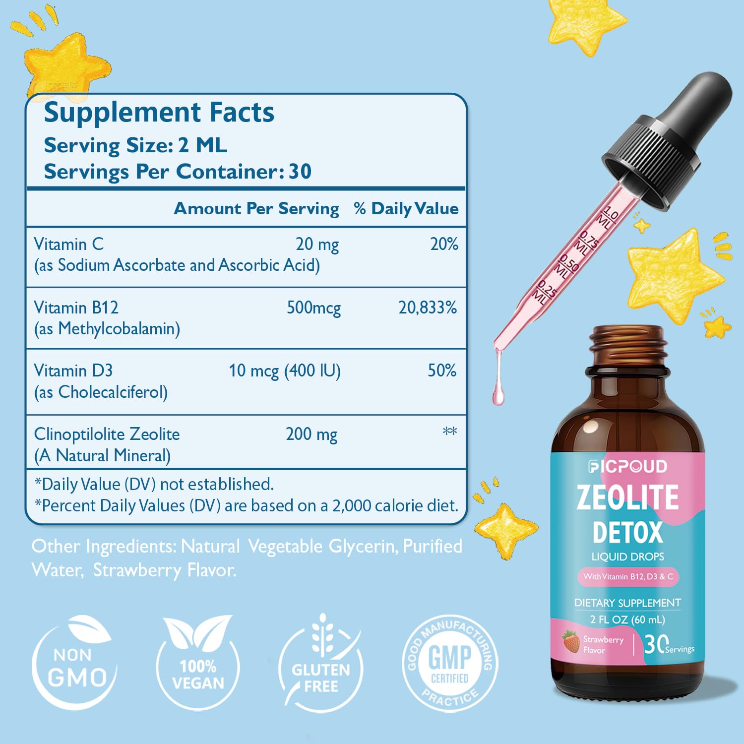 Ficpoud Zeolite Detox for Kids & Adults – Pure Zeolite clinoptilolite Liquid Drops with Vitamin B12, C & D3 – Gentle Daily Cleanse for Gut, Immune, Energy & Speech Support, Strawberry Flavor, 2 Fl Oz FicpoudAu supplements