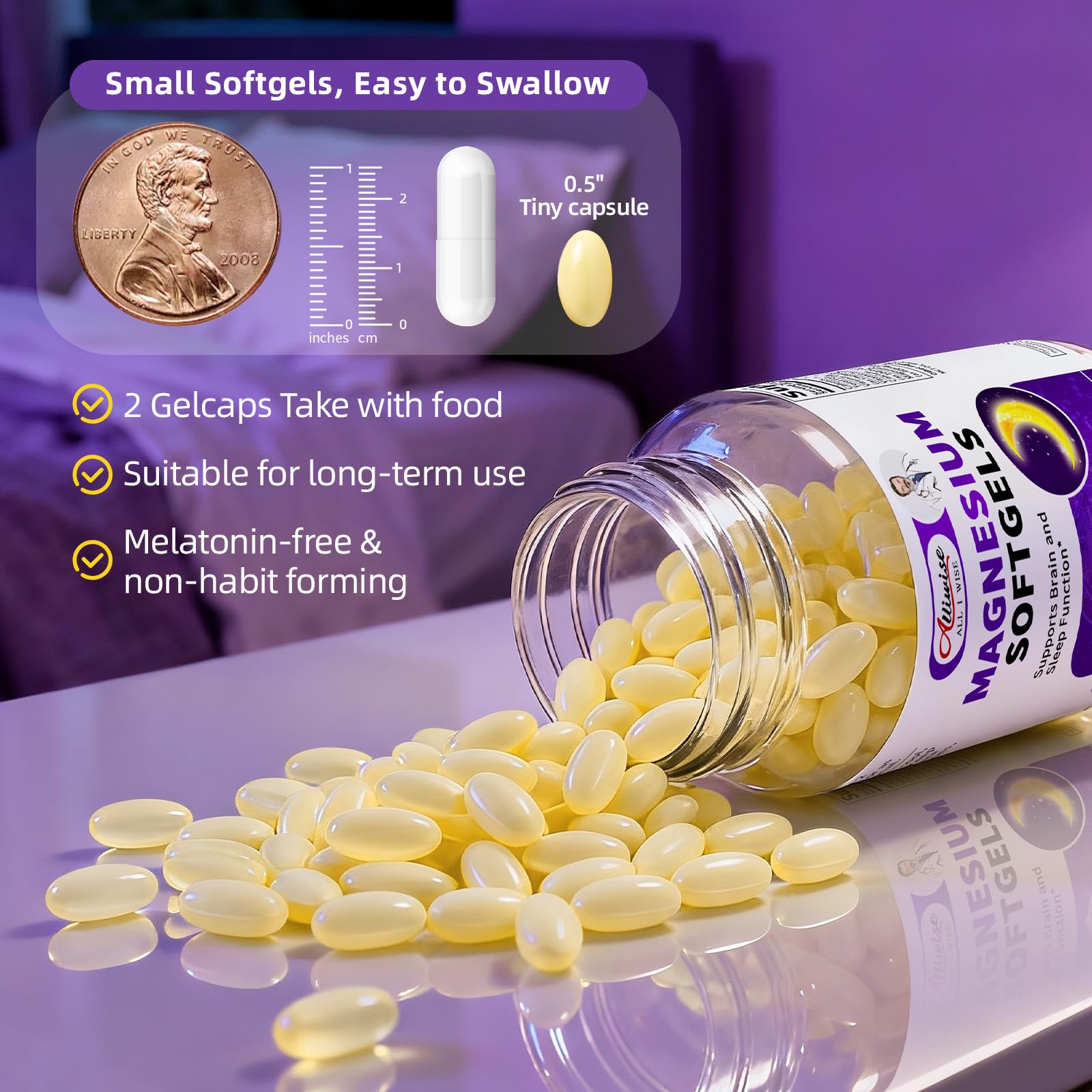 Magnesium Glycinate 400mg Softgels, Small Easy to Swallow High Absorption Magnesium Supplement, with Vitamin D3 & K2 for Sleep Relax Calm Muscle Bone* Health, 120 Gelcaps AlliwiseAu supplements