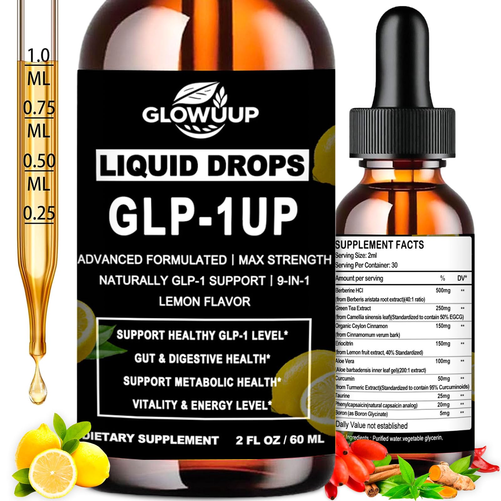 GLP-1 Supplement for Women & Men, 9-in-1 Naturally GLP-1 Support w. Berberine HCI Cyelon Cinnamon Green Tea Eriocitrin, GLP1 for Gut Digestion Metabolic, GLP-1 Drops 6X Stronger Than Capsules GLOVVUUPAu supplements