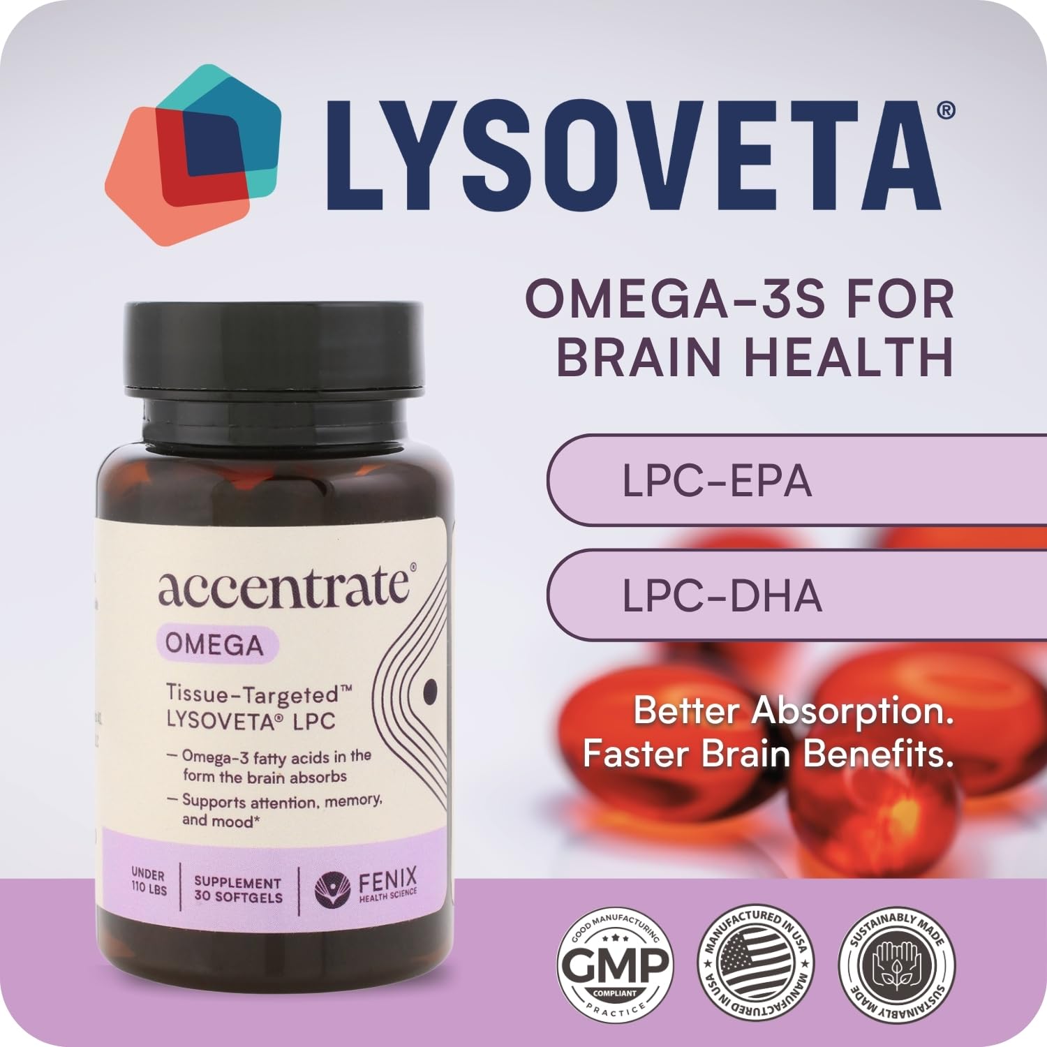 Omega w/LYSOVETA LPC | EPA & DHA Supplements for Brain Health | Focus, Attention, Memory, & Mood | 6X Higher Absorption Than Fish Oil | Omega-3 Fatty Acid Supplements | Highest Potency LPC-DHA AccentrateAu supplements