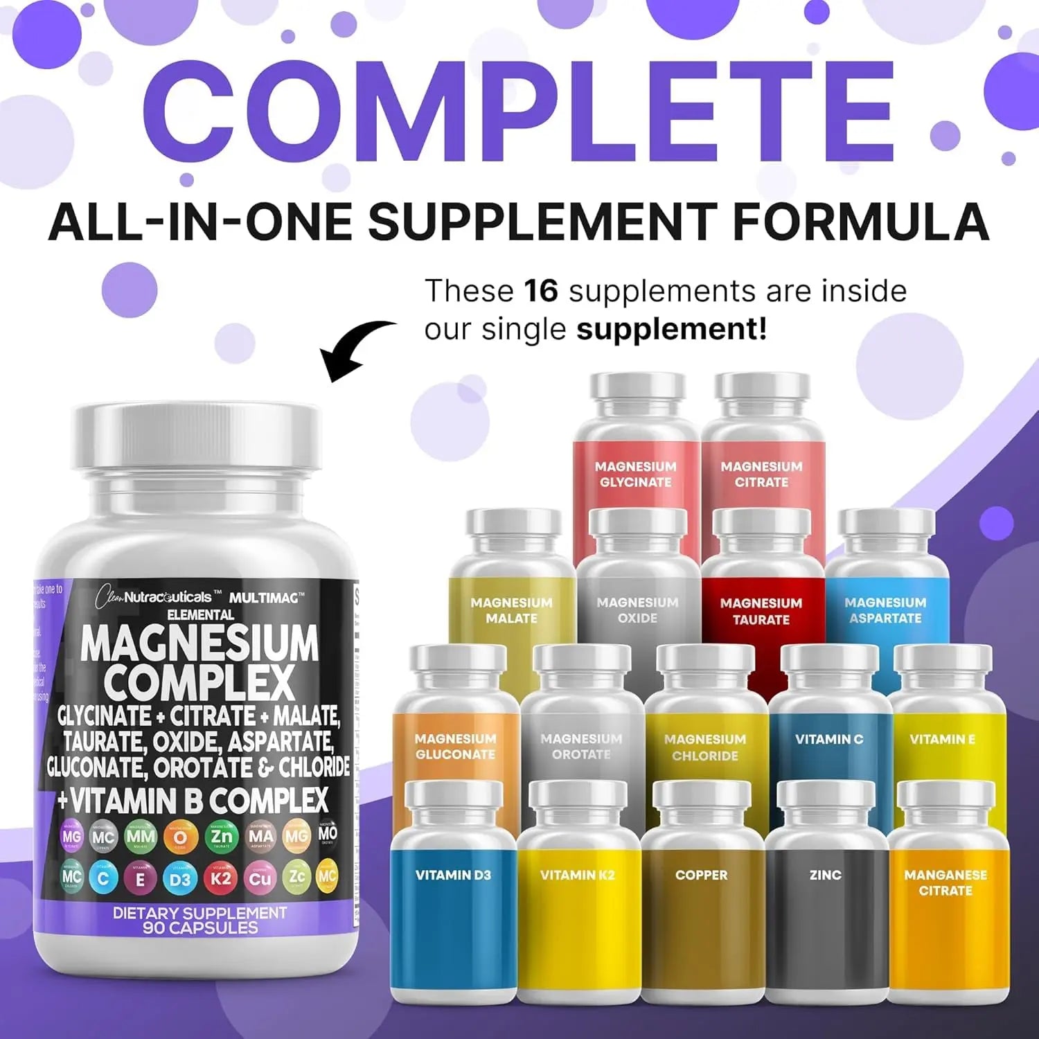 Clean Nutraceuticals Magnesium Complex with Magnesium Glycinate Citrate Malate Oxide Taurate Aspartate Orotate & Mag Chloride, Zinc Copper Manganese (90 Count (Pack of 2)) Clean Nutraceuticalsnz supplements