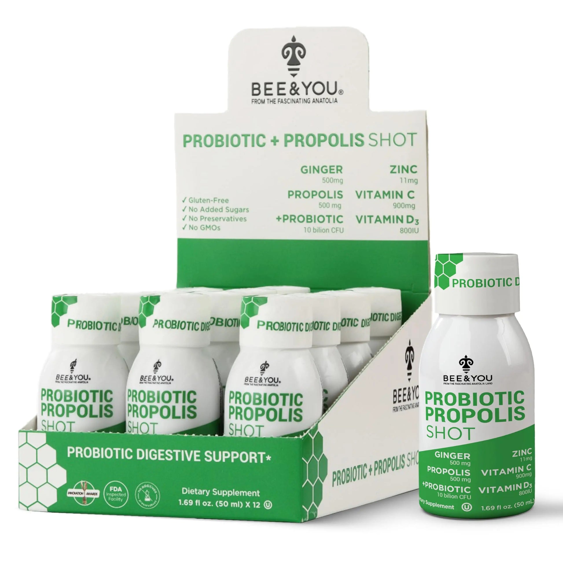 Bee and You Propolis Immune Shot, Probiotic, Vitamin C, Vitamin D3, Zinc, Ginger, Immune Support, Gut Health, Digestive Health, Bioactive 1.69 Fl. oz, 12 Pack BEE & YOUAu supplements