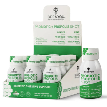 Bee and You Propolis Immune Shot, Probiotic, Vitamin C, Vitamin D3, Zinc, Ginger, Immune Support, Gut Health, Digestive Health, Bioactive 1.69 Fl. oz, 12 Pack BEE & YOUAu supplements