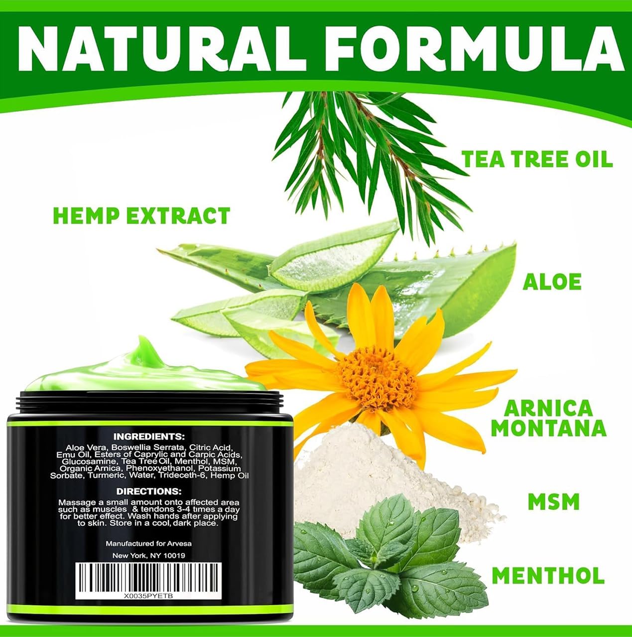 Natural Hemp Cream - Maximum Strength Gel - Hemp Cream with Arnica, MSM, Glucosamine, Menthol, Aloe, Turmeric, Boswellia - Fast Absorption, Non-Greasy, Lightweight - Advanced Formula - 4 oz ArvesaAu supplements