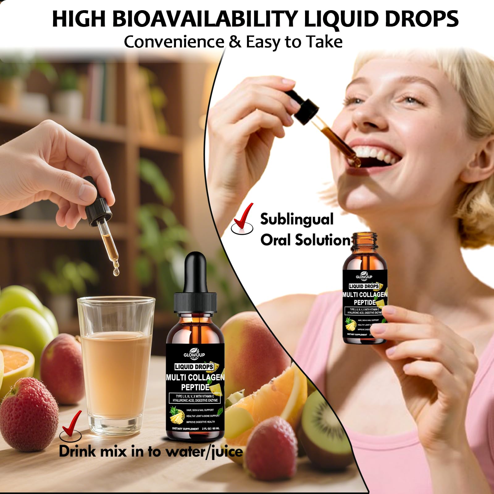 Multi Collagen Peptides Liquid Drops for Women & Men-Type I, II, III, V, X丨Hydrolyzed Collagen Peptides, Collagen Proteins W. Hyaluronic Acid, Biotin & Vitamin C for Hair Skin & Joint Gut Health GLOVVUUPAu supplements