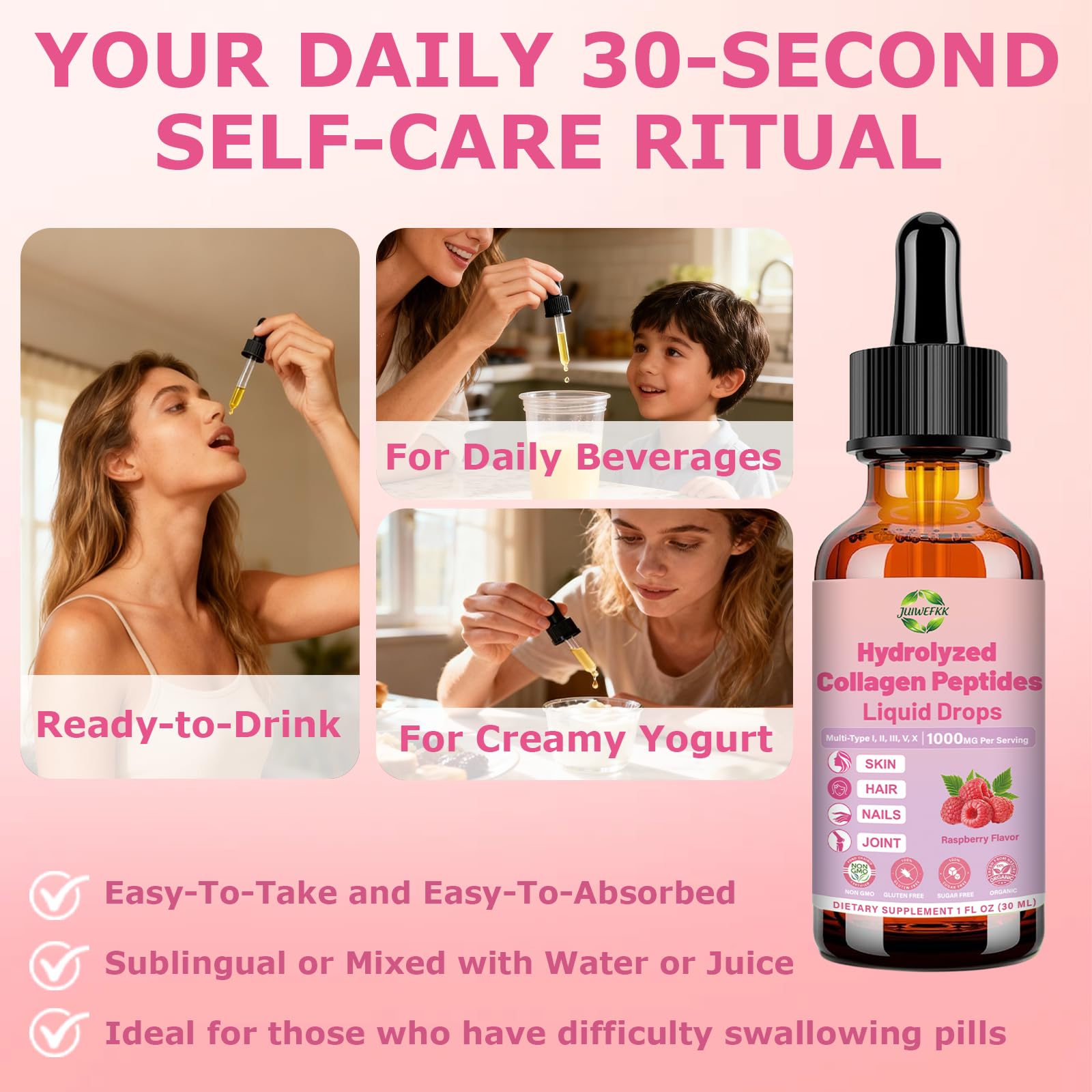 JUIWEFKK Hydrolyzed Collagen Peptides Liquid Organic Collagen Complex w. Biotin, Vitamin C & Hyaluronic Acid, Liquid Collagen Types I, II, III, IV, V for Hair, Skin, Nails & Joint Healthd JUIWEFKKAu supplements