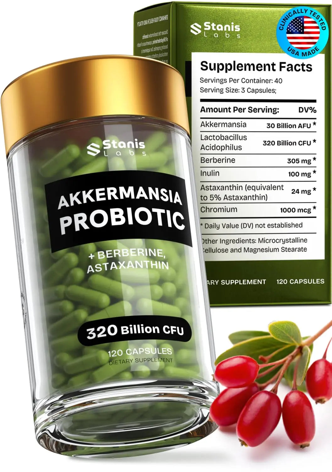 Akkermansia Muciniphila Probiotics 320 Billion CFU| Probiotic and Prebiotic | Akkermansia Probiotics for gut health | Inulin Prebiotic Fiber Capsules Astaxanthin & Berberine & Chromium | 120 capsules Stanis LabsAu supplements