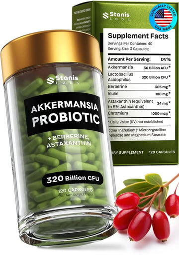 Akkermansia Muciniphila Probiotics 320 Billion CFU| Probiotic and Prebiotic | Akkermansia Probiotics for gut health | Inulin Prebiotic Fiber Capsules Astaxanthin & Berberine & Chromium | 120 capsules Stanis LabsAu supplements