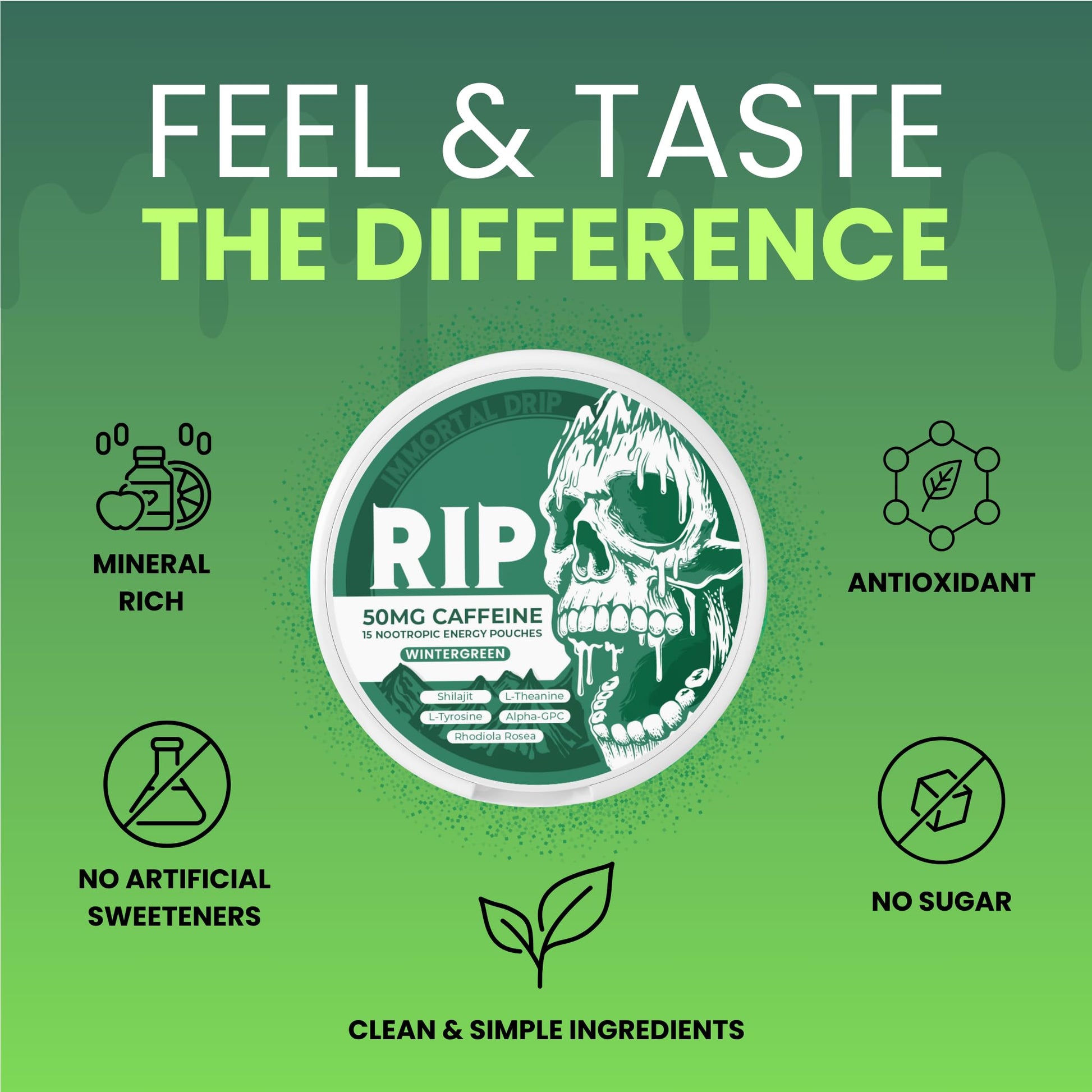 Immortal Drip RIP Nootropic Energy Pouches (Wintergreen) – 5 Cans – 15 Pouches per Can – Clean Energy & Focus Support – 50mg Caffeine, Shilajit, Alpha-GPC, L-Tyrosine, Rhodiola Immortal DripAu supplements