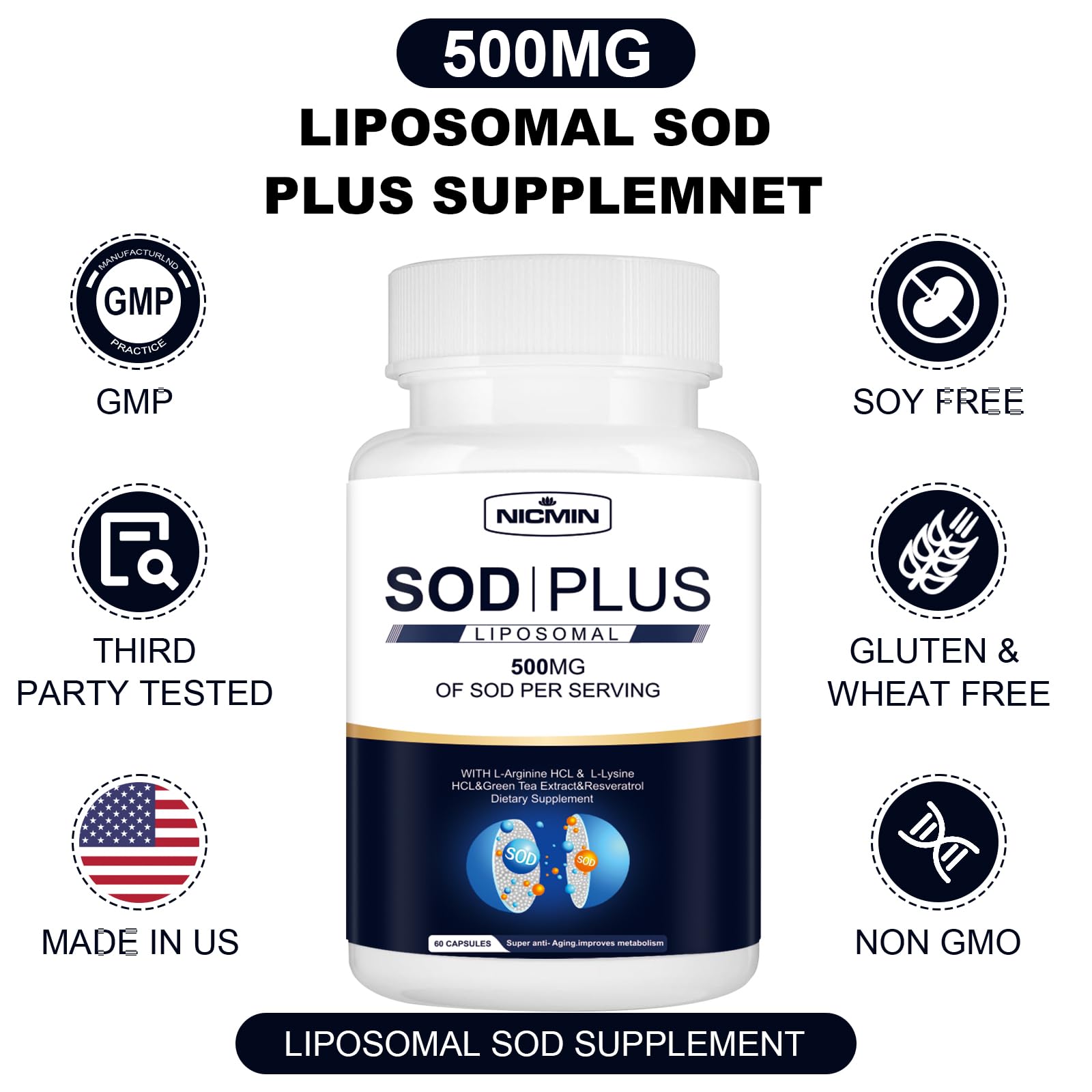 NICMIN 500MG Superoxide Dismutase Supplement - SOD Plus with Liposomal Glutathione, AKG, Green Tea Extract, L-Arginine, Lysine, Resveratrol and Vitamin E for Immune Support, Antioxidant 120 Capsules NICMINAu supplements
