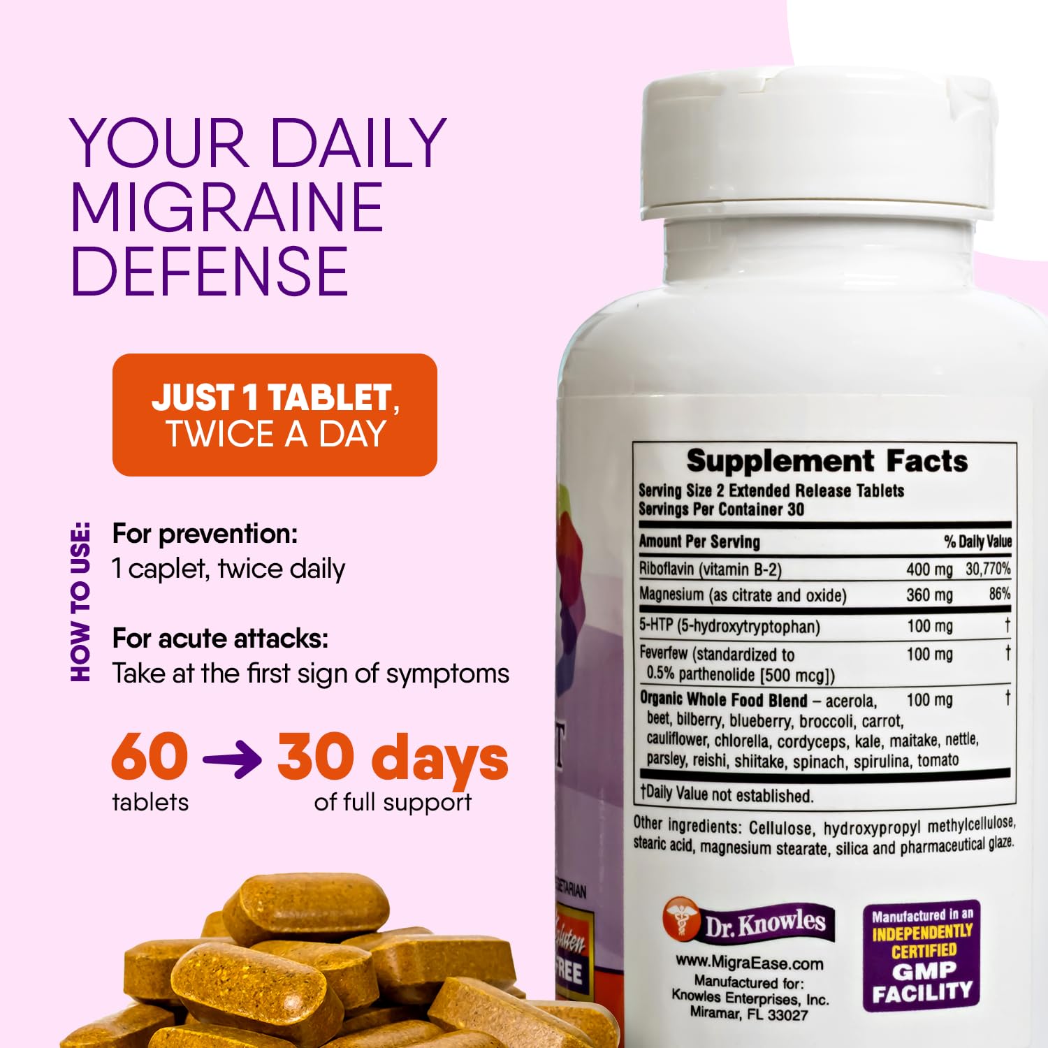 Doctor Knowles Migraine Supplement |Complete Natural Migraine Prevention & Relief Pills with Magnesium, 5-HTP, Feverfew, Riboflavin & Organic Blend |Caffeine Free, Extended-Release Tablets (60 Units) DR. KNOWLESAu supplements