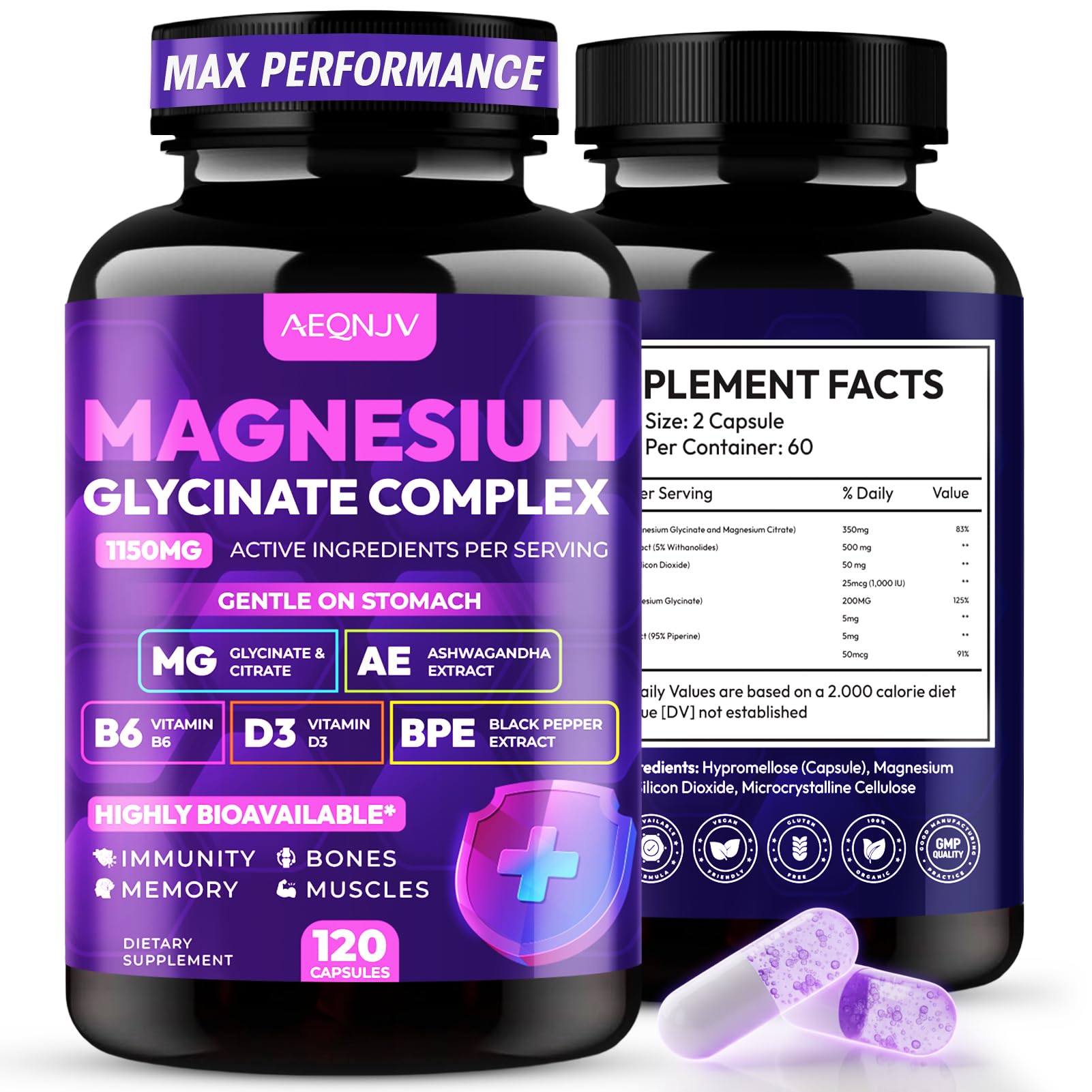 Magnesium Glycinate Complex 1150mg - Gentle on Stomach High Absorption Magnesium Capsules with Citrate, Silica, Ashwagandha & Vitamin B6 for Zzz, Stress Relief, Muscle Support for Adults, Women & Men AEQNJVAu supplements