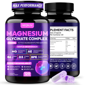 Magnesium Glycinate Complex 1150mg - Gentle on Stomach High Absorption Magnesium Capsules with Citrate, Silica, Ashwagandha & Vitamin B6 for Zzz, Stress Relief, Muscle Support for Adults, Women & Men AEQNJVAu supplements