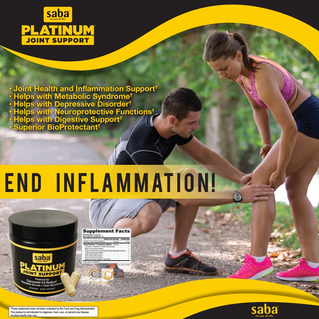 Saba Platinum Joint Support – High Absorption Curcumin C3 Reduct & Boswellia – Fast Acting Turmeric Supplement for Joint Pain Relief, Mobility & Healthy Inflammation Response – 60 Vegan Capsules SabaAu supplements