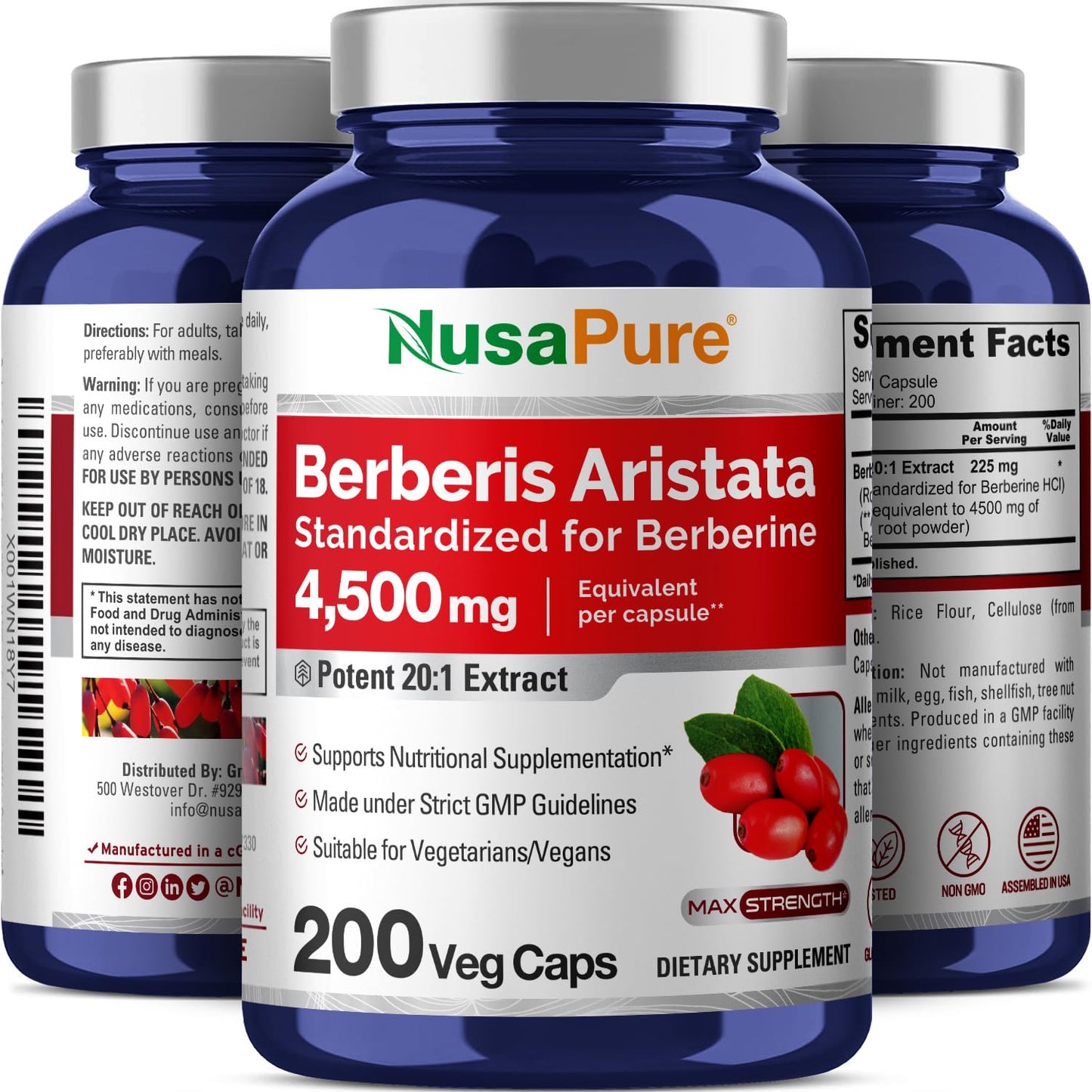 NusaPure Berberine HCI 4500 mg - 200 Veggie Caps - 6 Months Supply - (100% Vegetarian NusaPureUS supplements