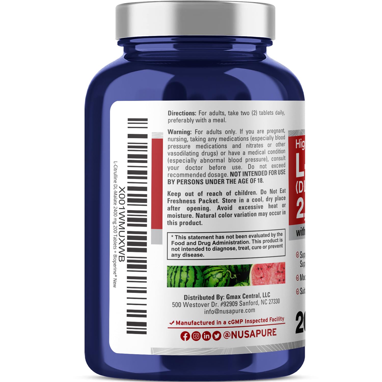 NusaPure L-Citrulline 2,400mg 200 Vegetarian Tablets (Non-GMO, Gluten Free) NusaPureAu supplements