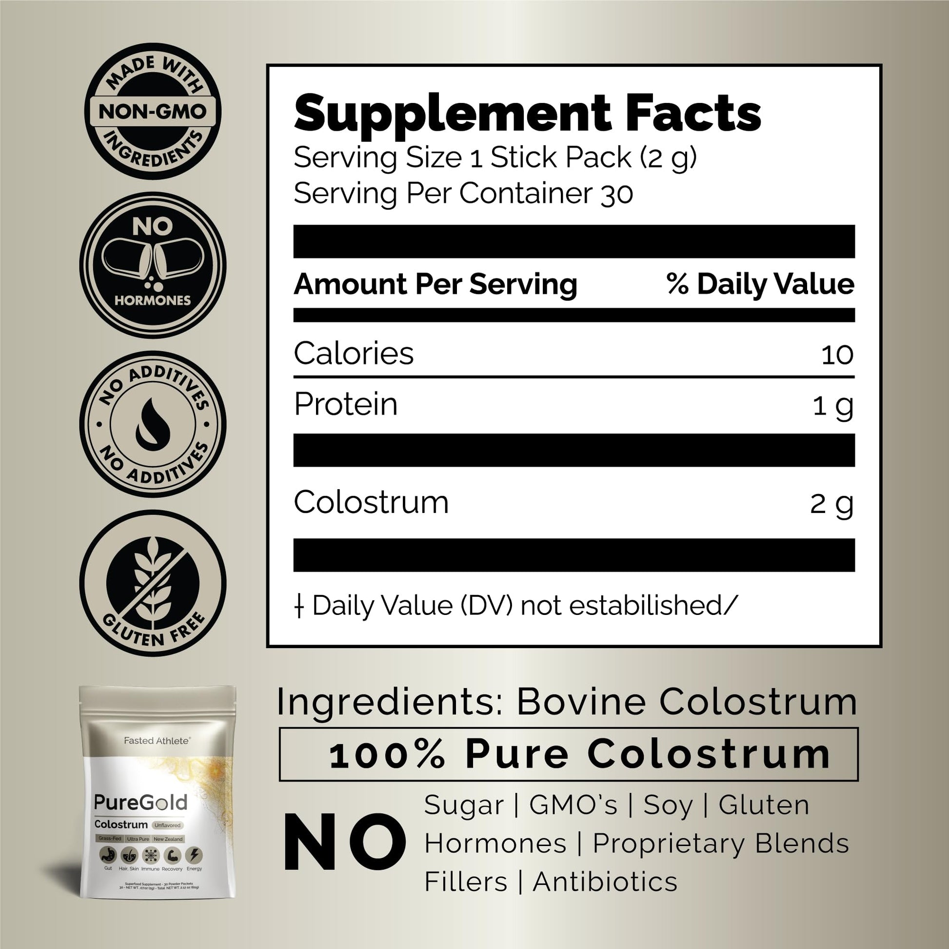 PureGold - Bovine Colostrum Powder - 100% Pure New Zealand Grass Fed, Supports Gut Health, Skin, Hair, & Immunity – Colostrum Supplement, Unflavored, 30 Travel Packets Fasted AthleteAu supplements