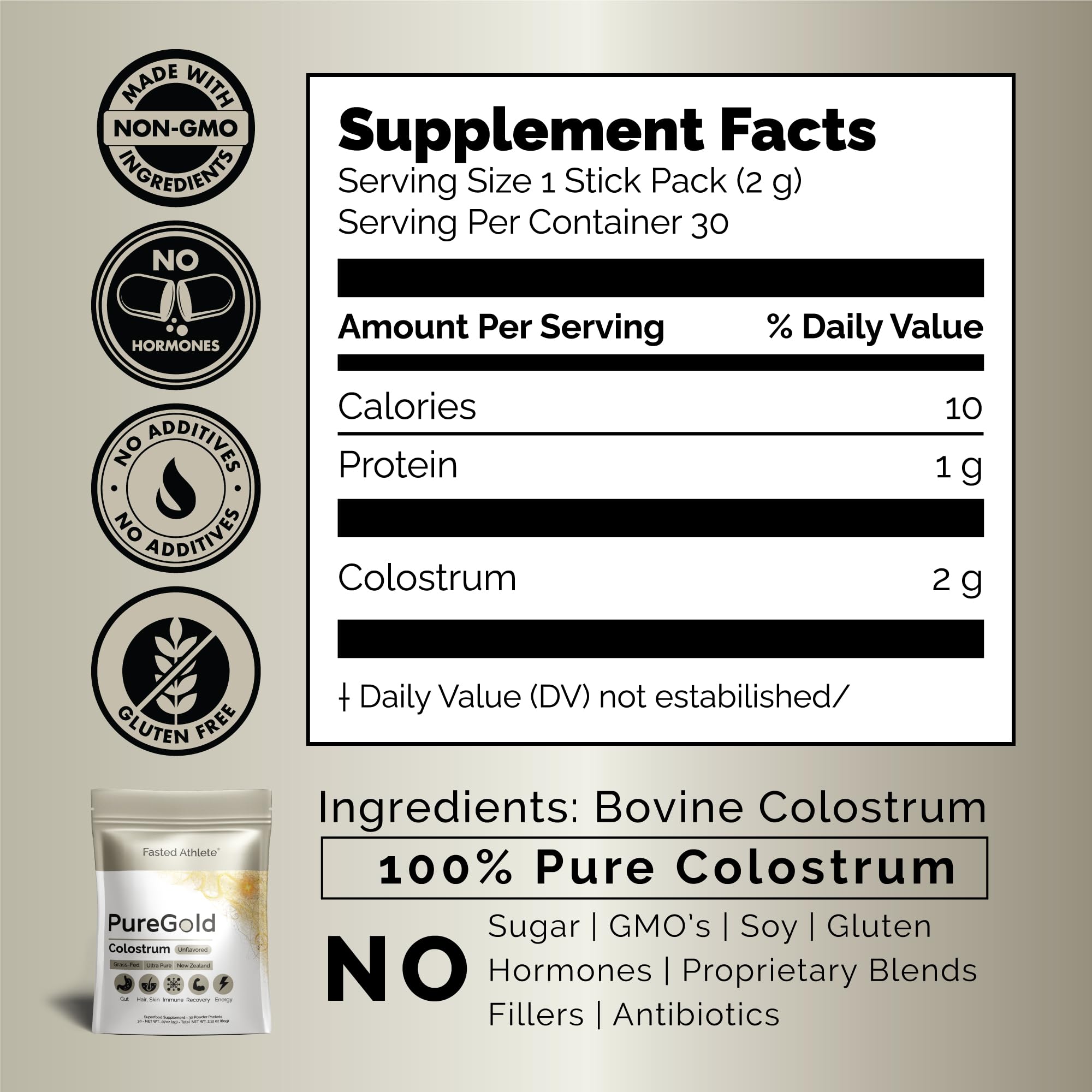 PureGold - Bovine Colostrum Powder - 100% Pure New Zealand Grass Fed, Supports Gut Health, Skin, Hair, & Immunity – Colostrum Supplement, Unflavored, 30 Travel Packets Fasted AthleteAu supplements