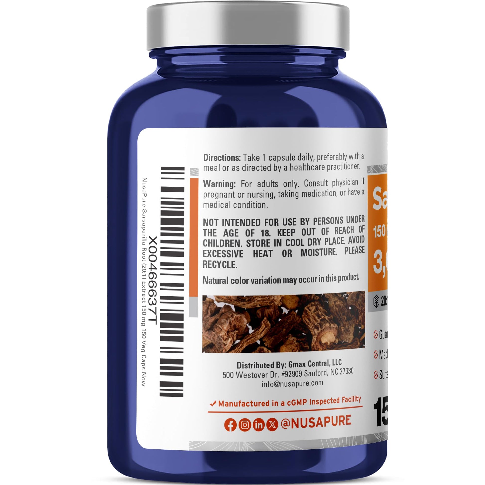 NusaPure Sarsaparilla Root 20:1 Extract - Suitable for Vegetarian/Vegan, Non - GMO - 3000 mg - 150 Capsules NusaPureAu supplements