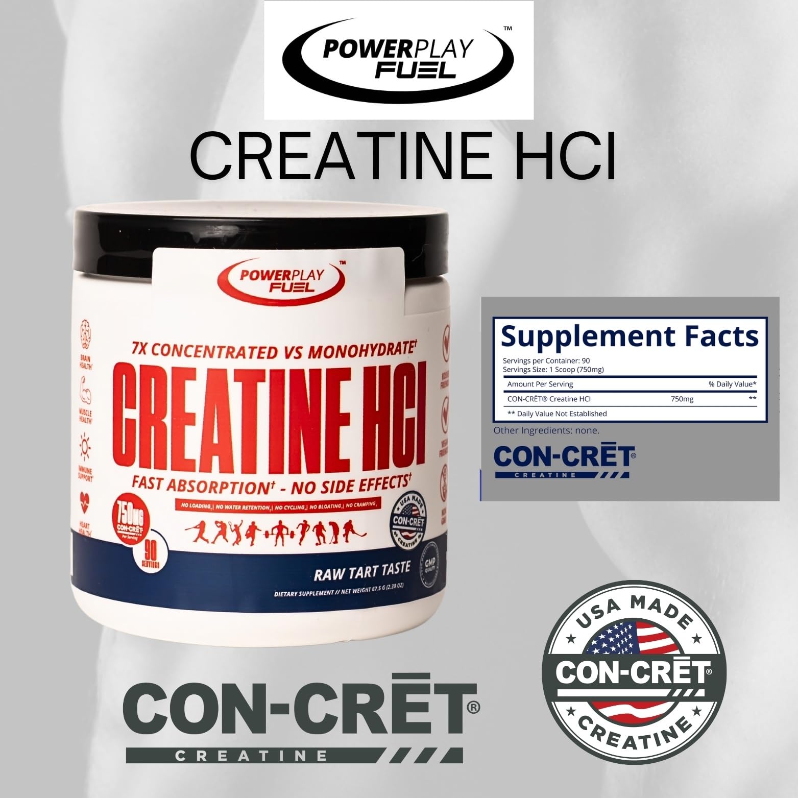 CREATINE HCl Powder for Men and Women, Muscle Strength, Brain Performance, Heart Health & Immune Support - Raw Tart Taste, 90 Servings POWER PLAY FUELAu supplements