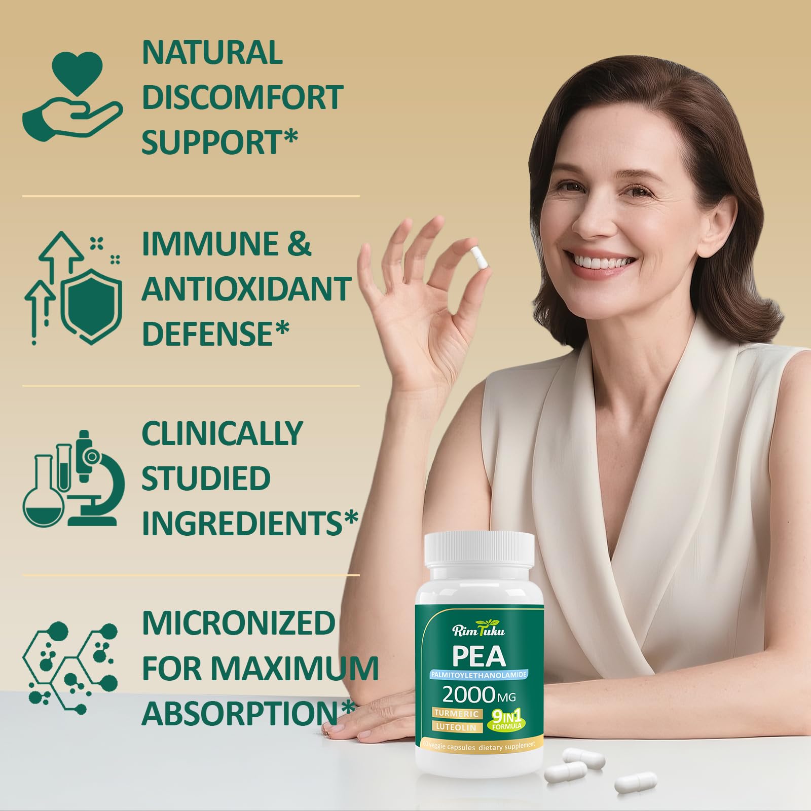 Liposomal Palmitoylethanolamide 2000MG + Luteolin 200MG + Turmeric 200MG & Fisetin 100MG, Micronized Pea 99% Highly Purified Enhanced Absorption Pea Supplement, 120 Capsules RimTukuAu supplements