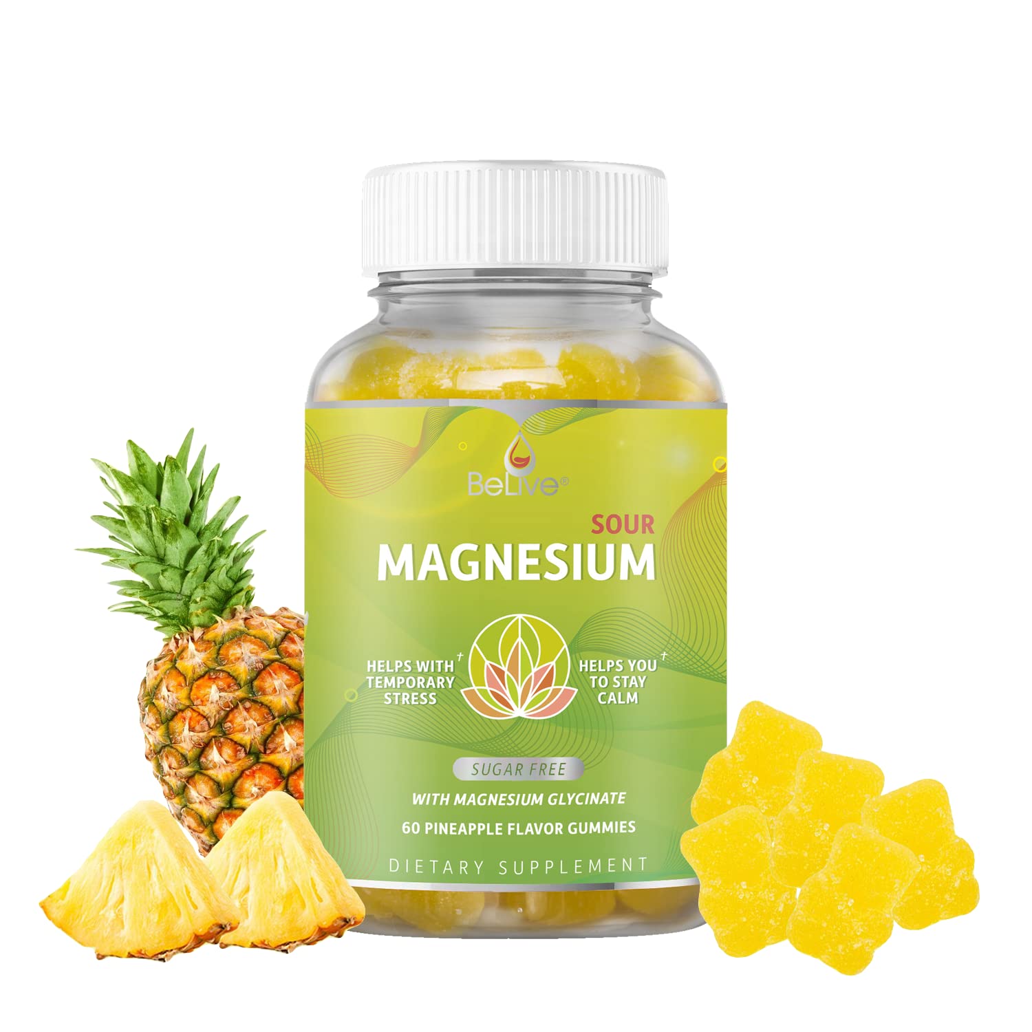 BeLive Magnesium Gummies 200mg - 60 Ct | Magnesium Glycinate Supplements for Relaxation, Stress Relief, and Sleep for Adults & Kids - Tasty and Tangy Pineapple Flavor BeLiveAu supplements