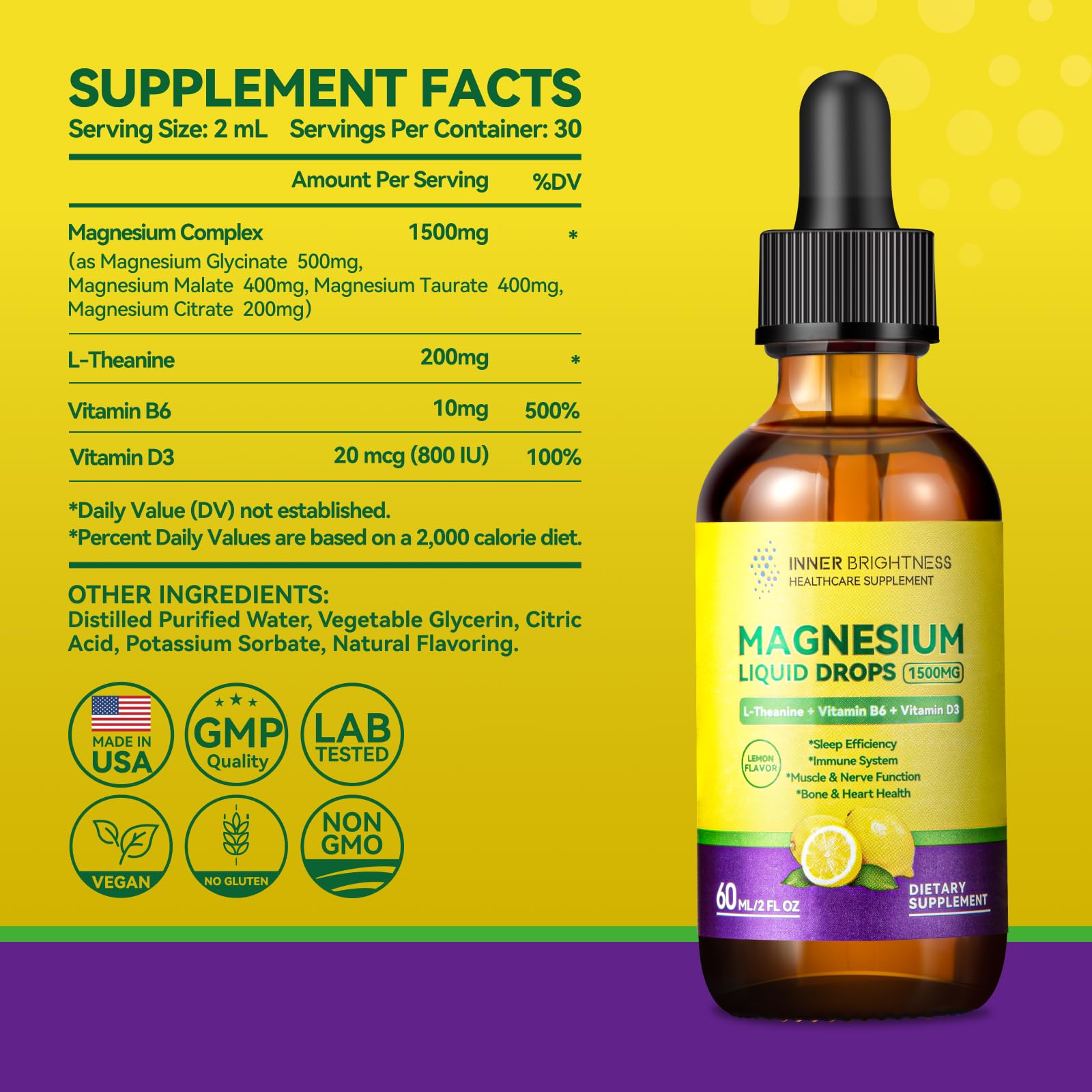 Magnesium Glycinate Liquid Drops 1500mg with Magnesium Citrate & Taurate, L-Theanine, Vitamin D3, B6 - Supports Calm, Sleep, Muscle Relaxation, Leg Cramps & Energy, Lemon Flavor, 60 mL Inner BrightnessAu supplements