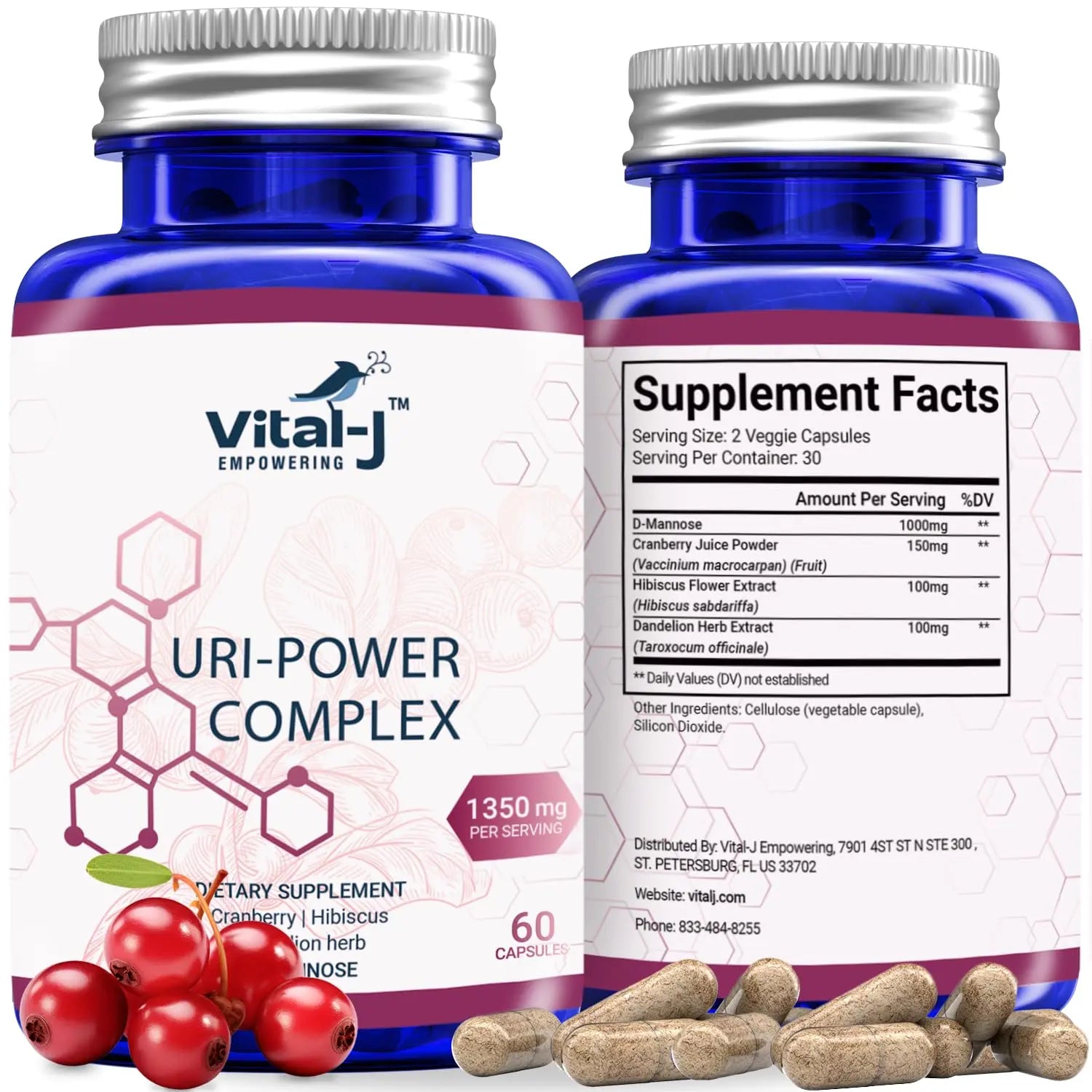 4-IN-1 URI POWER COMPLEX 1350mg - D Mannose, Cranberry, Hibiscus, and Dandelion Herb - Naturally Cleanse the Bladder and Urinary Tract 60 capsules – Specialized Approach for UTI Avoidance Vital-J EmpoweringAu supplements