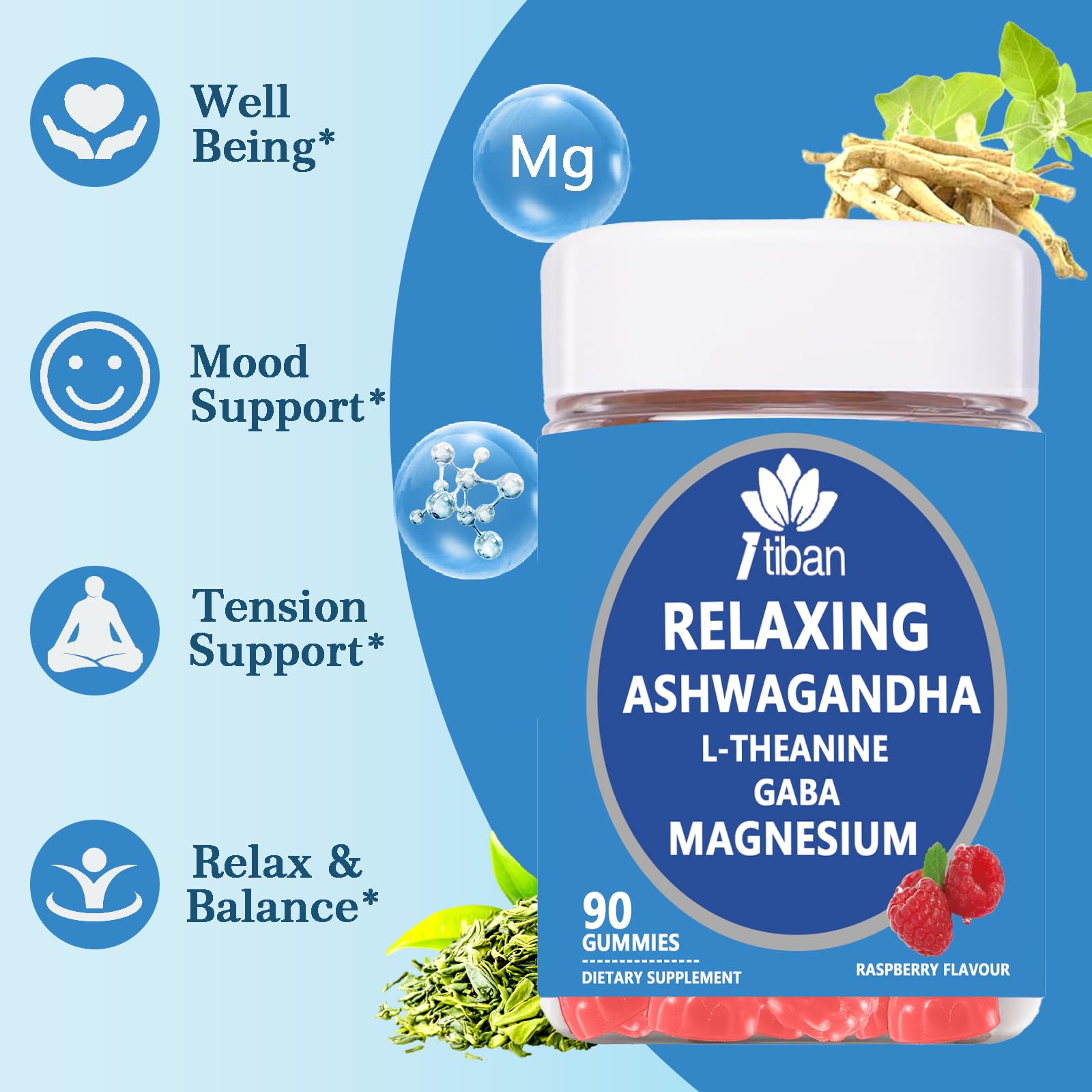 Itiban Cortisol Supplements for Women, Calm Magnesium Glycinate Gummies, Ashwagandha, L-Theanine, GABA, D3, B6, Mood Anxiety Sleep Relax, Raspberry Flavour, Vegan 90 Gummies ItibanAu supplements