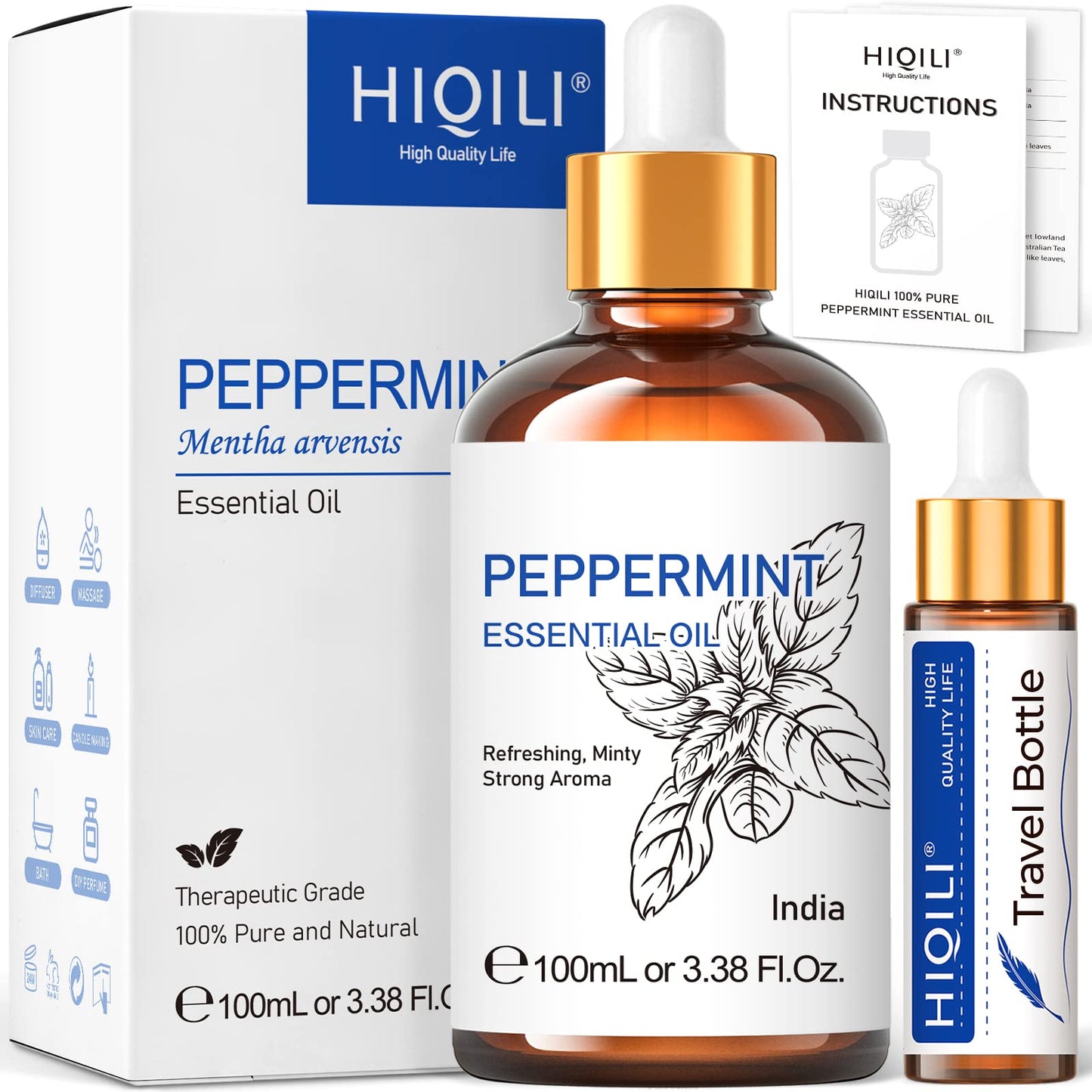 HIQILI Peppermint Oil 100ML, 100% Pure Peppermint Essential Oil Natural for Diffuser HIQILIUS supplements