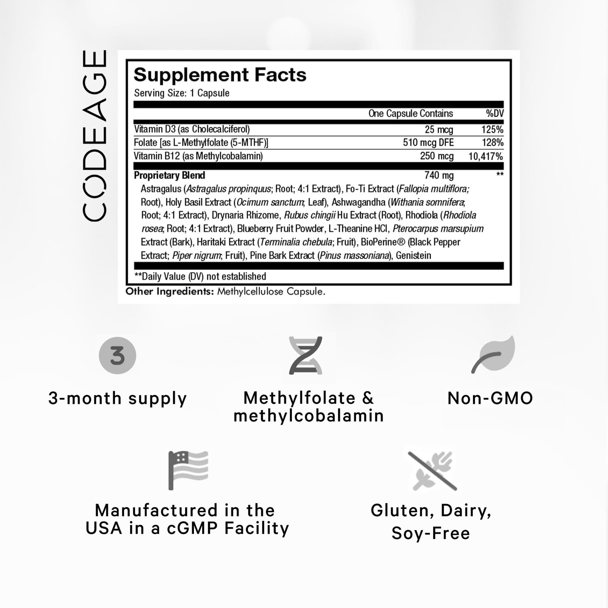 Codeage Ultra Life Telomeres Supplement - 5 MTHF Folate Vitamin B9, Vitamin B12 Methylcobalamin, Vitamin D3, L-Theanine, Ashwagandha - 3-Month Supply - DNA, Methylation Cycle - Non-GMO - 90 Capsules CodeageAu supplements