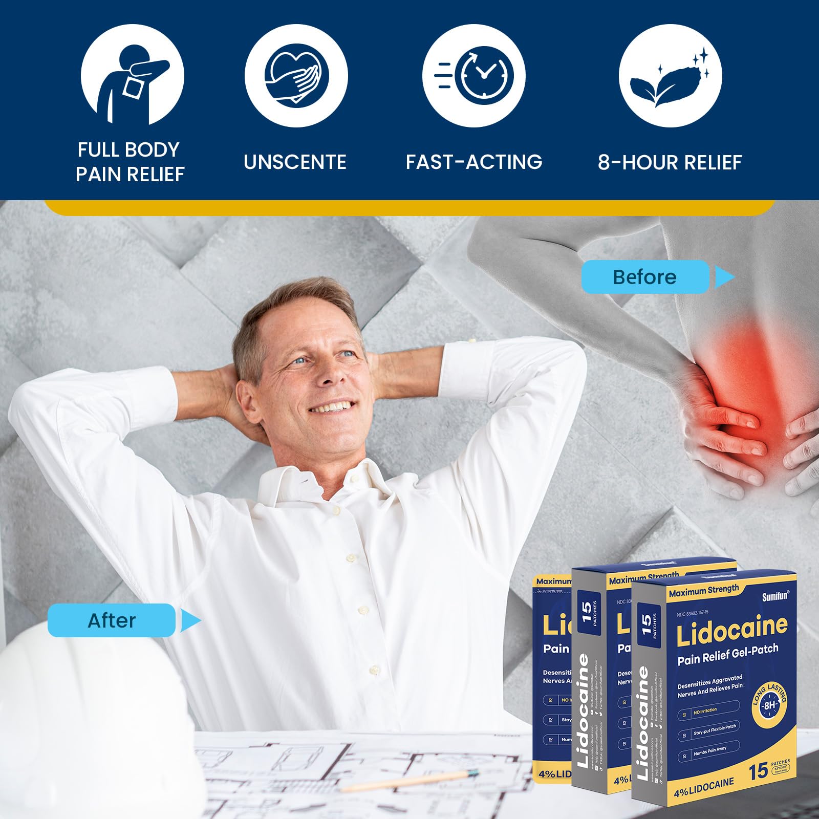 Sumifun 4% Lidocaine Patches Maximum Strength - 30 Count Pain Relief Patches for Back, Shoulder, Elbow, Knee, Muscle & Joint - Lower Back Pain Relief Products - Pain Patches Maximum Strength Lidocaine SumifunAu supplements