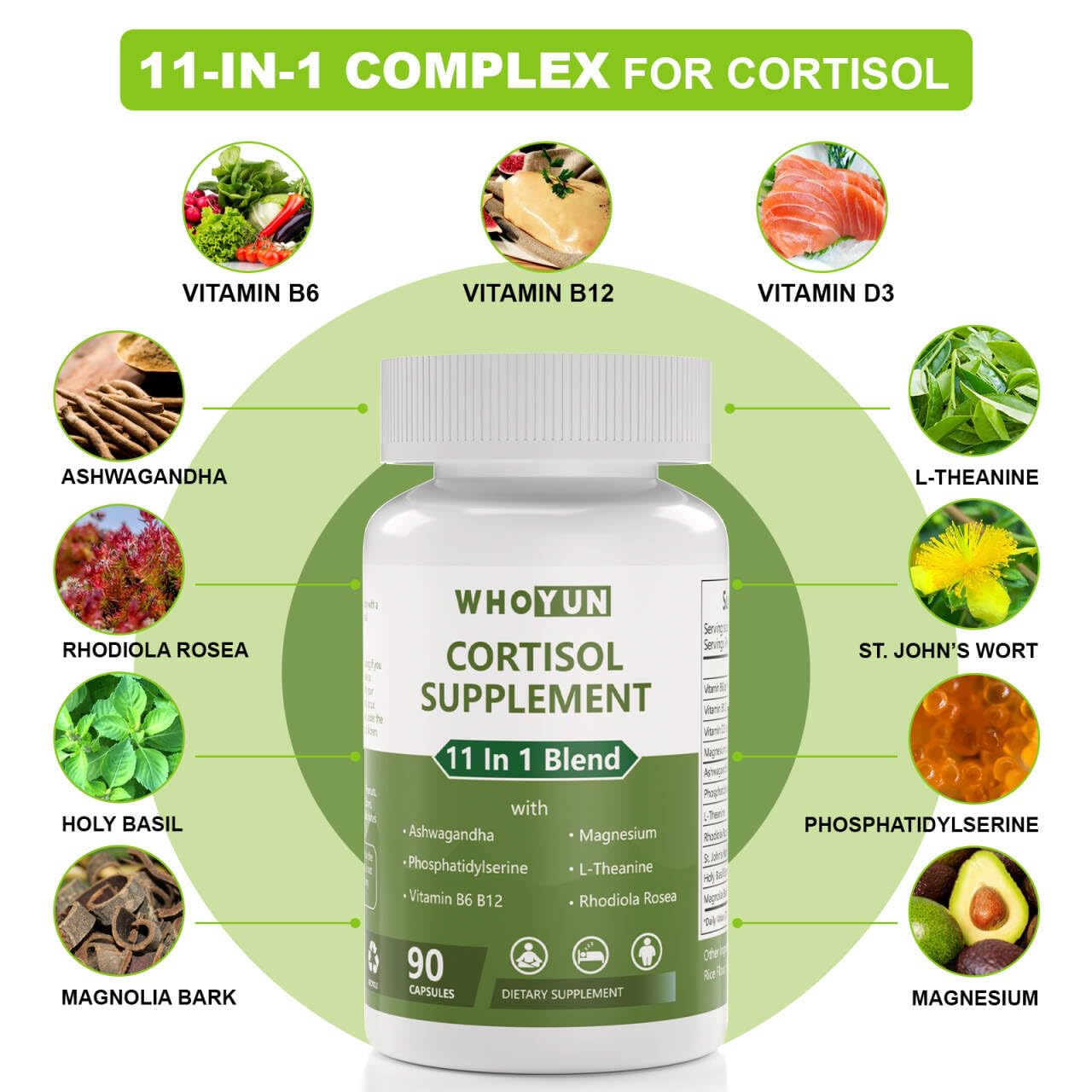 Whoyun Cortisol Supplement for Women, 11 in 1 Lower Cortisol Blend with Ashwagandha, Phosphatidylserine, Magnesium, L-Theanine, Vegan, 90 Capsules WhoyunAu supplements