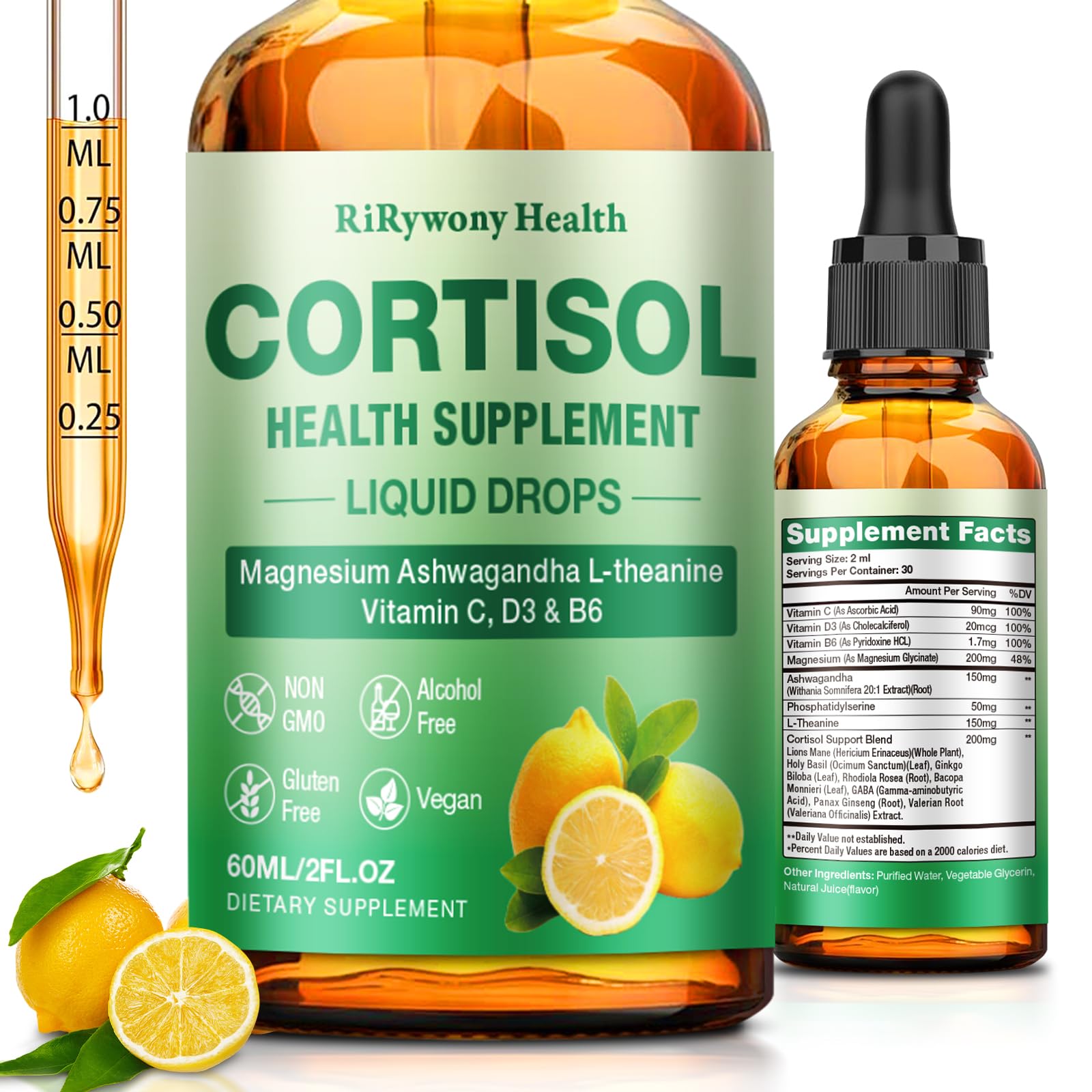 Cortisol Supplement for Women & Men - Cortisol Detox Reducer Magnesium Glycinate, Ashwagandha, L-Theanine, Phosphatidylserine - Hormone Balance for Calm Mood Focus Sleep (2 FL.OZ Lemon) RiRywony HealthAu supplements
