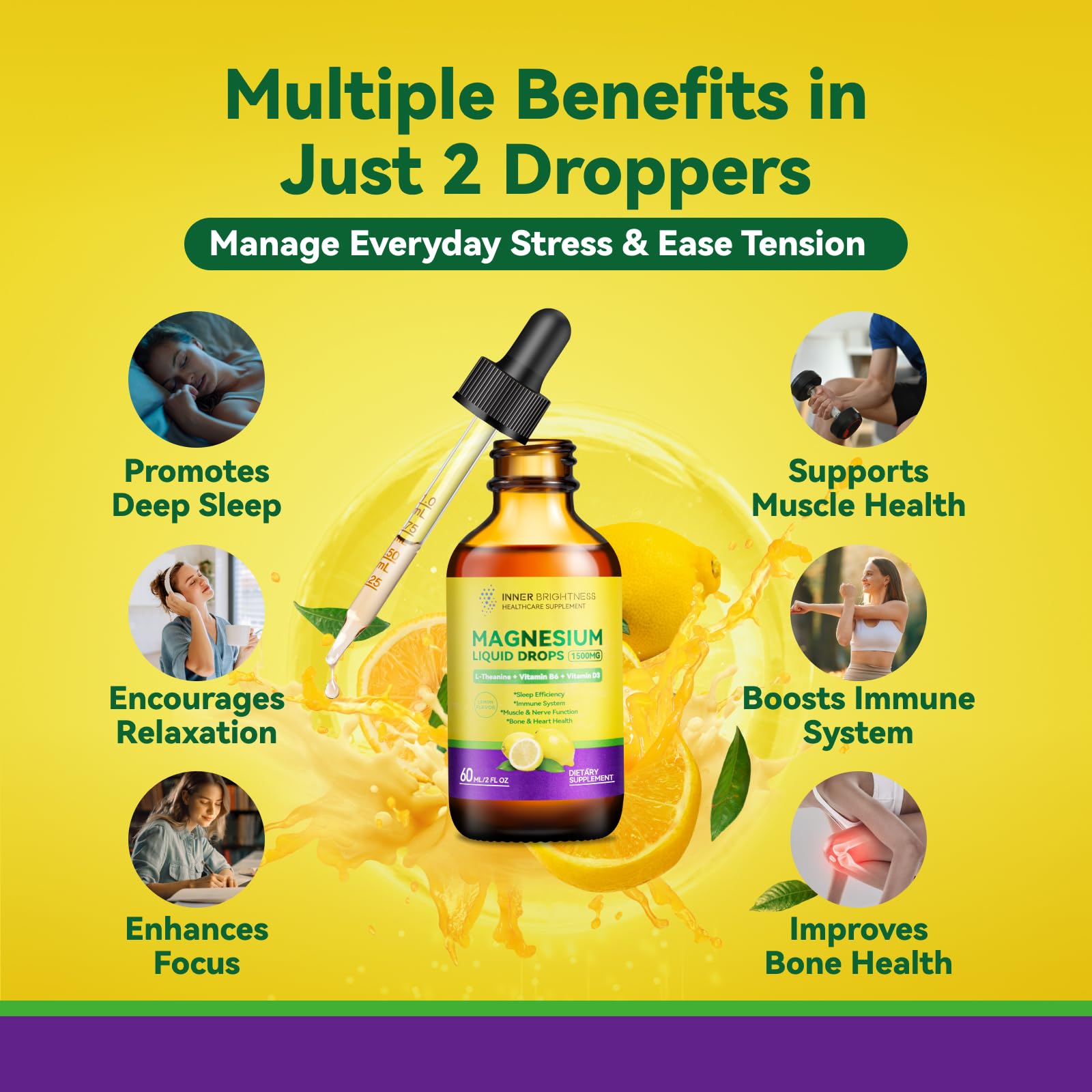 Magnesium Glycinate Liquid Drops 1500mg with Magnesium Citrate & Taurate, L-Theanine, Vitamin D3, B6 - Supports Calm, Sleep, Muscle Relaxation, Leg Cramps & Energy, Lemon Flavor, 60 mL Inner BrightnessAu supplements