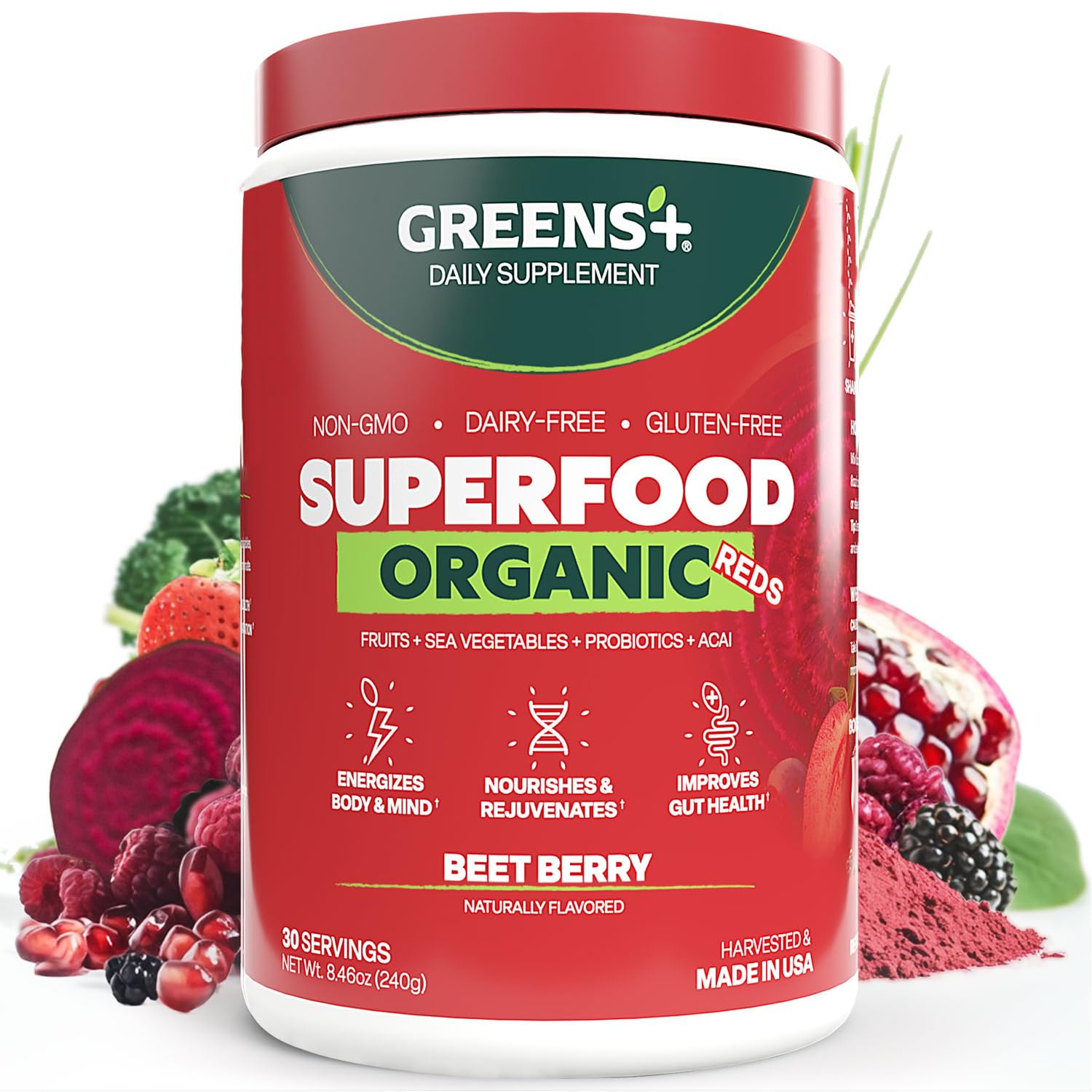 Greens+ Organic Reds Superfood Powder, Antioxidant, Polyphenol, Blend for Morning Kick, Energy, Vitality Boost, Nutrition, Vibrant Health, Vegan Soy/Dairy/Gluten Free(8.46oz) Greens+Au supplements