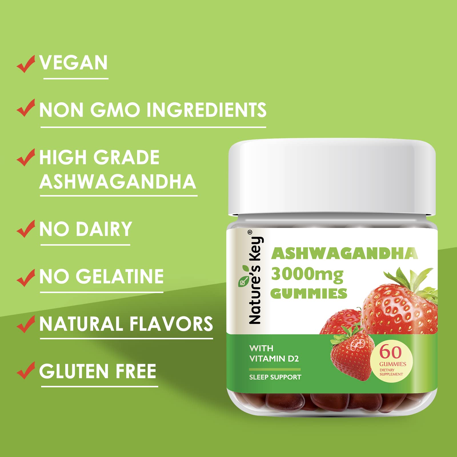 Nature's Key Ashwagandha Gummies, 3000mg High Potency Ashwagandha Root Extract with Vitamin D2, Stress, Calm Mood & Cognition, for Men & Women, Strawberry Flavor (60 Count (Pack of 1) Nature's KeyAu supplements