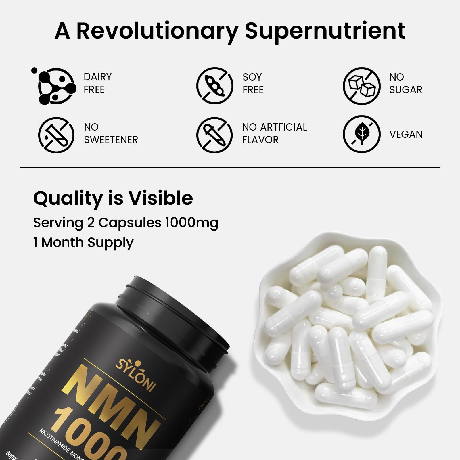 Syloni NMN Supplement 1000mg, 99% Pure NMN 4-in-1 NAD+ Booster with PQQ, CoQ10, L-Ergothioneine, 60 Capsules Nicotinamide Mononucleotide - Anti-Aging, Energy Boost, DNA Repair for Adults, Vegan SyloniAu supplements