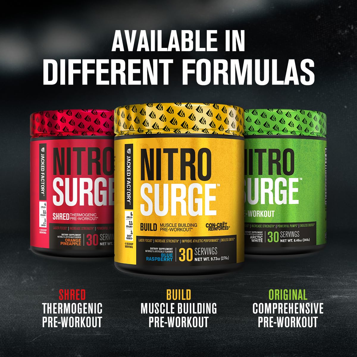 Jacked Factory Nitrosurge Build Pre Workout with Creatine for Muscle Building - Con Cret Creatine Powder & elevATP for Intense Energy, Powerful Pump, Jacked FactoryUS supplements