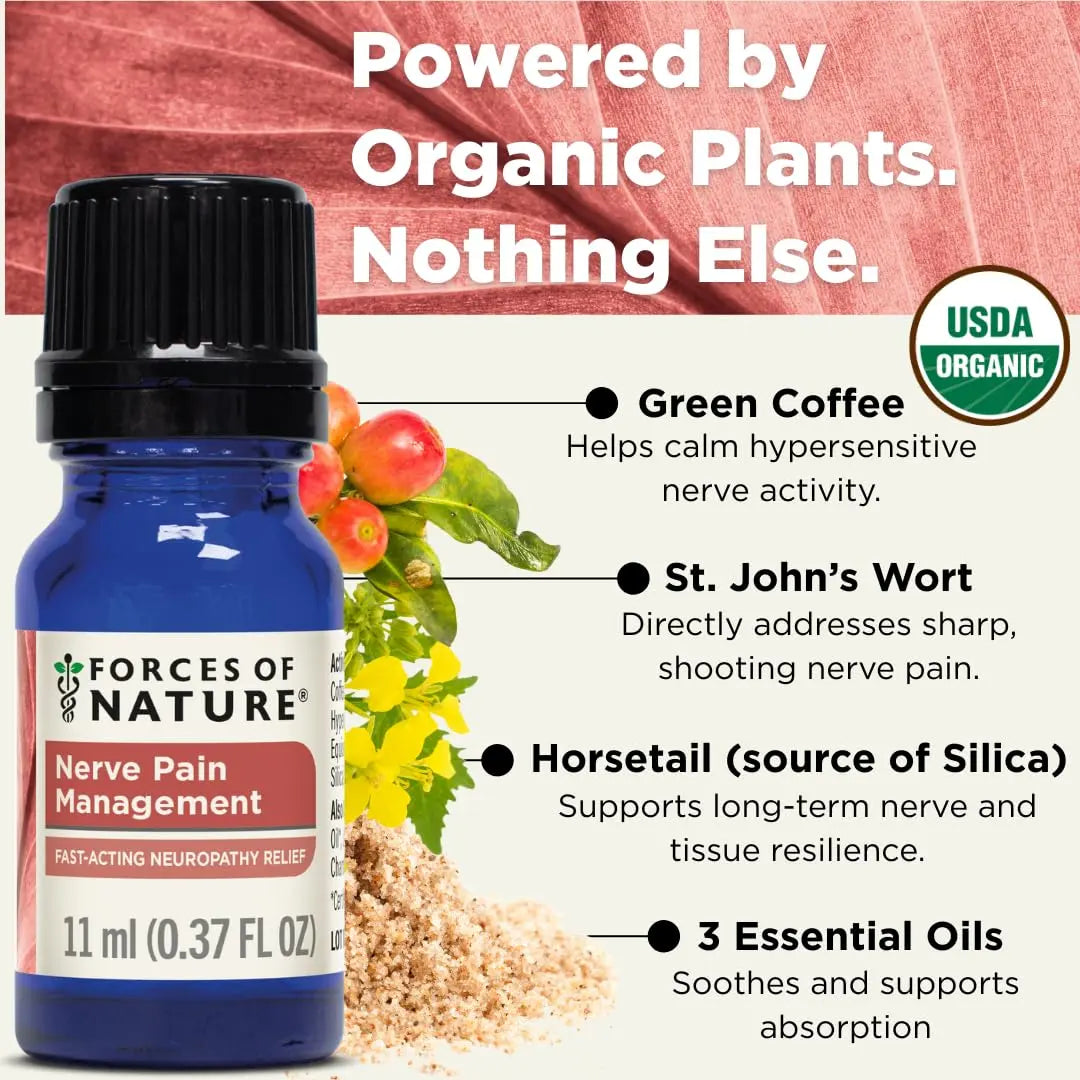 Forces of Nature Nerve Pain Management, Organic Topical Relief for Neuropathy & Nerve Discomfort, Homeopathic Medicine Supports Relief from Shooting Pains for Back, Hands, Legs and Feet, .37 fl oz Forces of NatureAu supplements