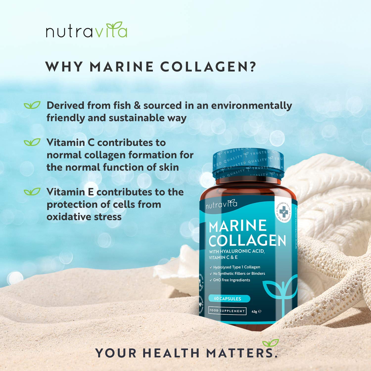 Marine Collagen 1000mg - 60 Capsules of Superior Type 1 Hydrolysed Collagen NutravitaUS supplements