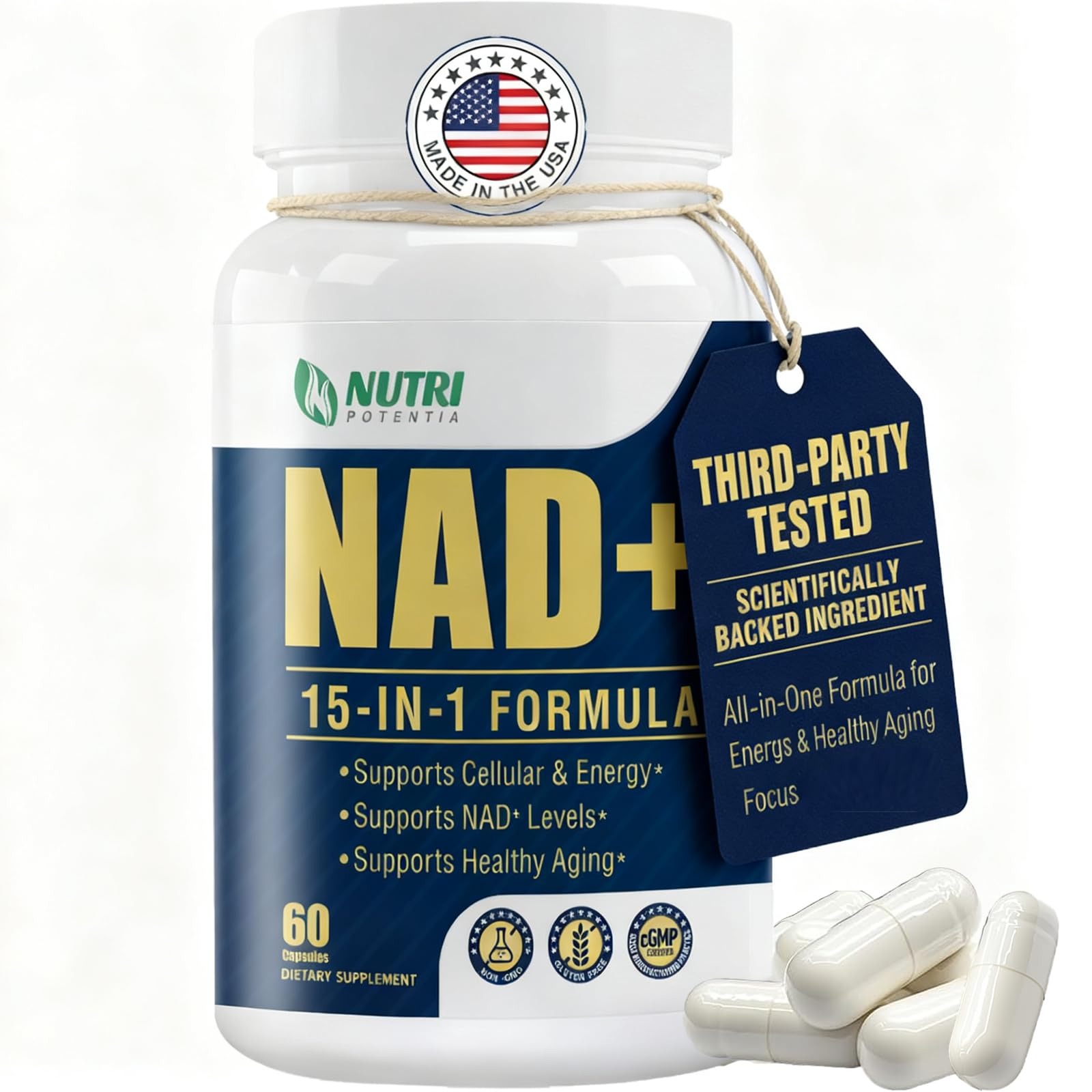 NAD+ Supplement-NMN Upgrade Alternative,NAD Resveratrol Supplement 15-in-1 CoQ10 for Man & Women–Third-Party Tested(Made & Tested in USA).Supports Cellular Energy,Healthy Aging-Non-GMO - 60 Capsules NUTRI POTENTIAAu supplements