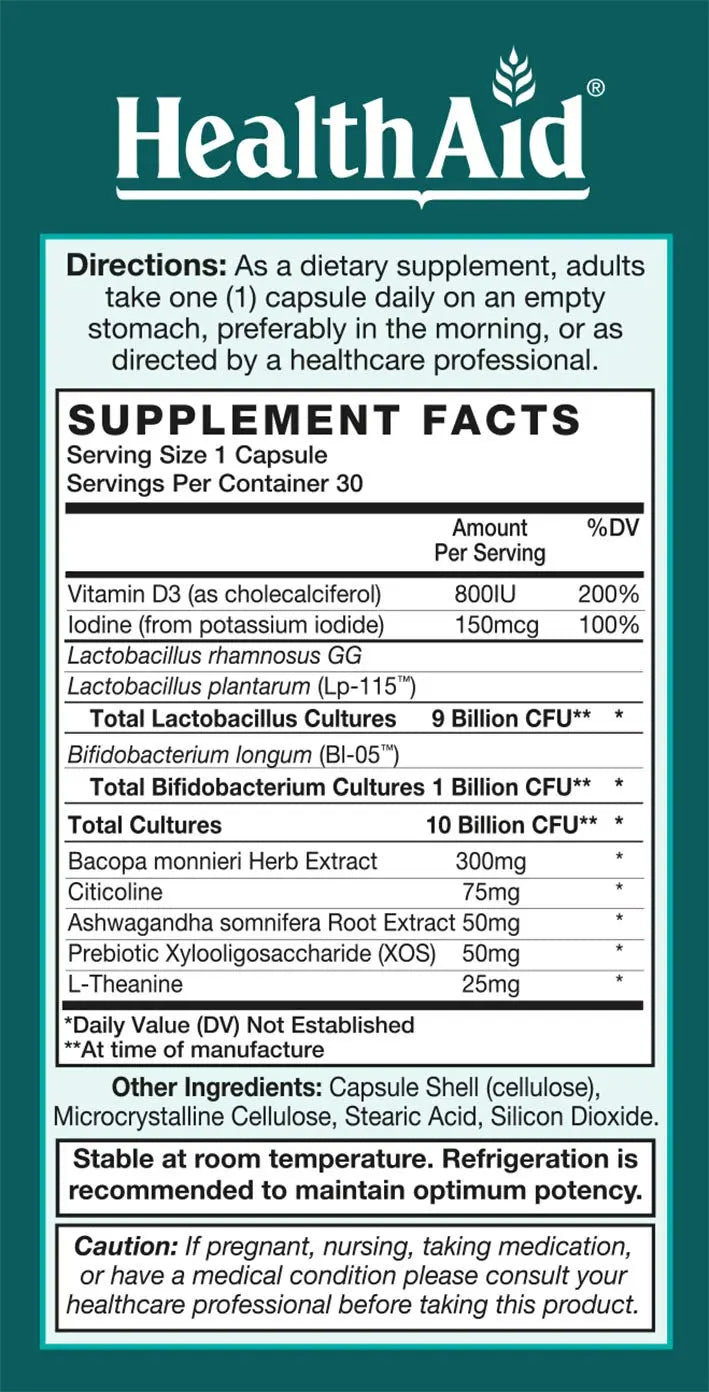 FocusProbio for Adults – 10 Billion CFU Probiotic with Prebiotic, Bacopa, Citicoline, L‑Theanine, Ashwagandha & Vitamin D₃ | Supports Focus, Mood & Gut-Brain Balance – Vegetarian, Once Daily HealthAidnz supplements
