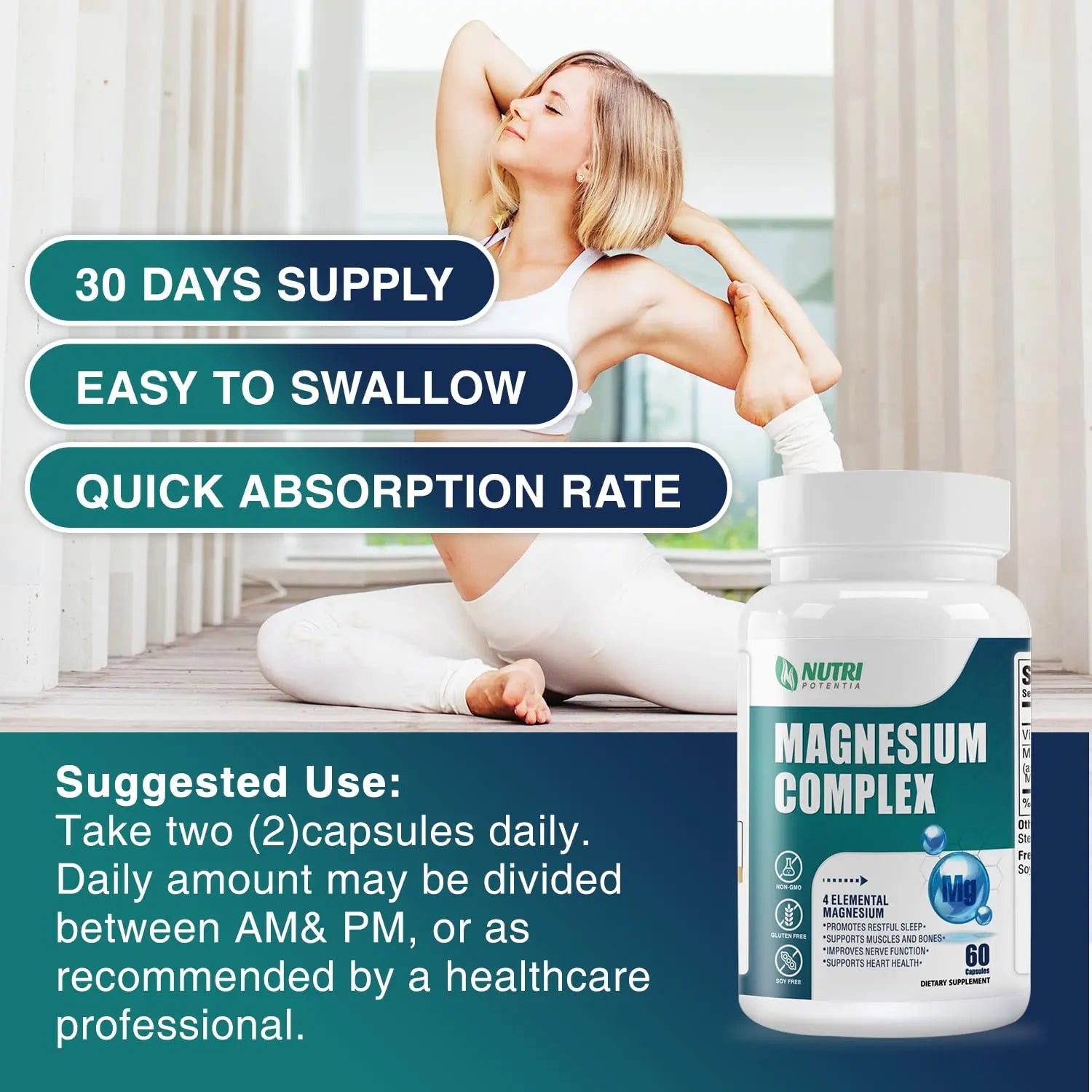 Magnesium Complex for Women&Men,With Glycinate Malate Citrate Taurate.Support for Sleep,Stress Relief,Cognitive Function,Magnesium Supplement 500mg,Third-Party Tested(Made & Tested in USA)-60 Capsules NUTRI POTENTIAnz supplements
