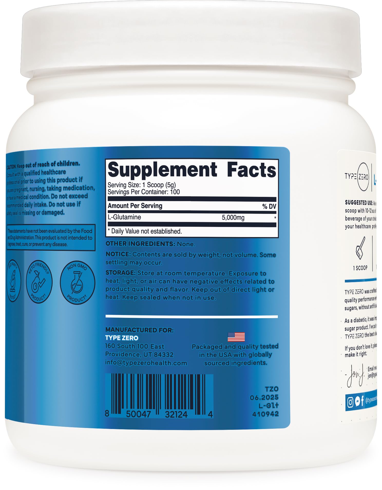 Type Zero L-Glutamine Powder (500G) 3-Month Supply Pure L-Glutamine Supplement - Vegan, Gluten Free, No Fillers Type ZeroUS supplements