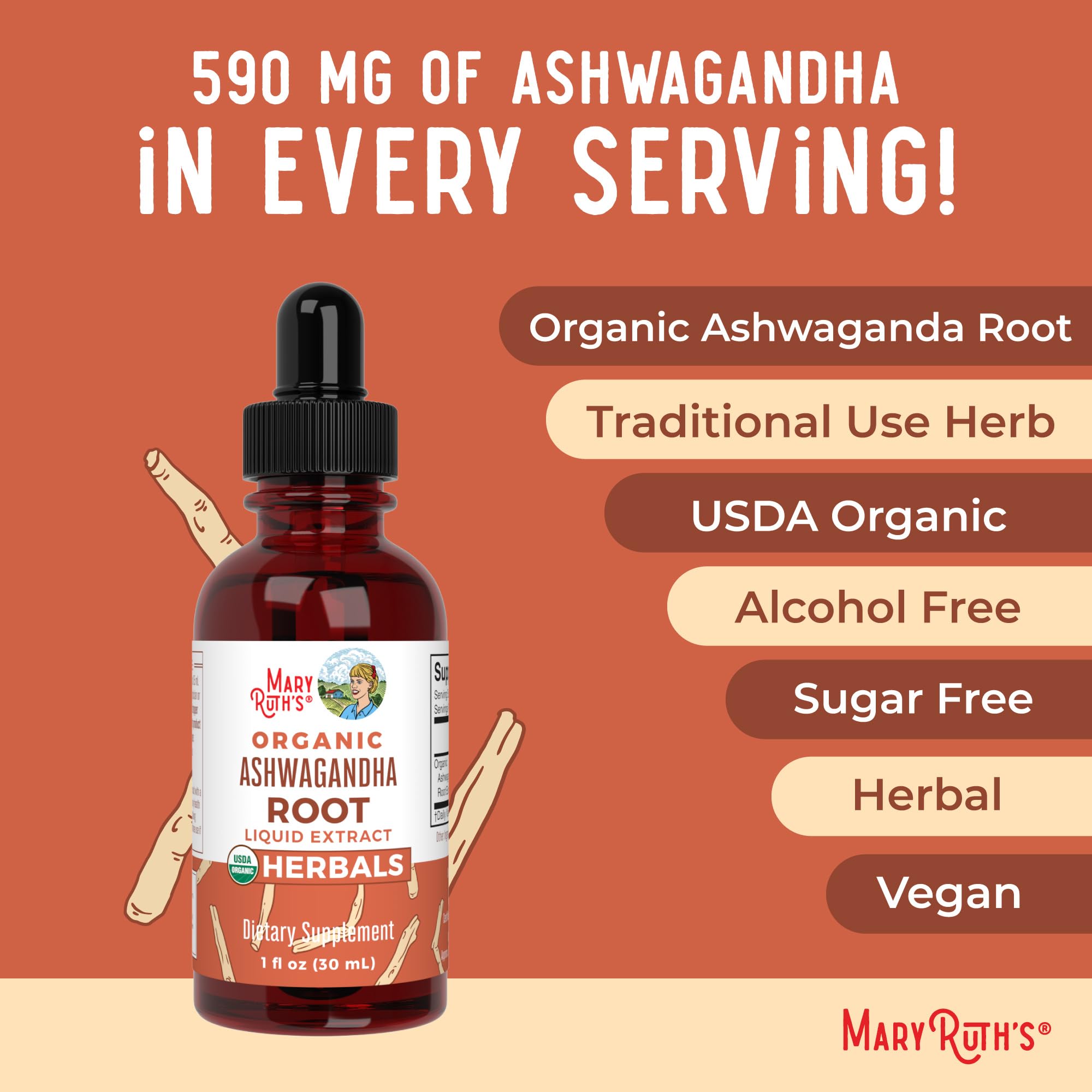 MaryRuth Organics Ashwagandha Root | USDA Organic Ashwagandha Liquid Drops | Stress Relief, Natural Calm, Relaxation and Mood Support Supplement | Adaptogenic | Nervine | Vegan | Non-GMO | 60 Servings MARYRUTH'SUS supplements