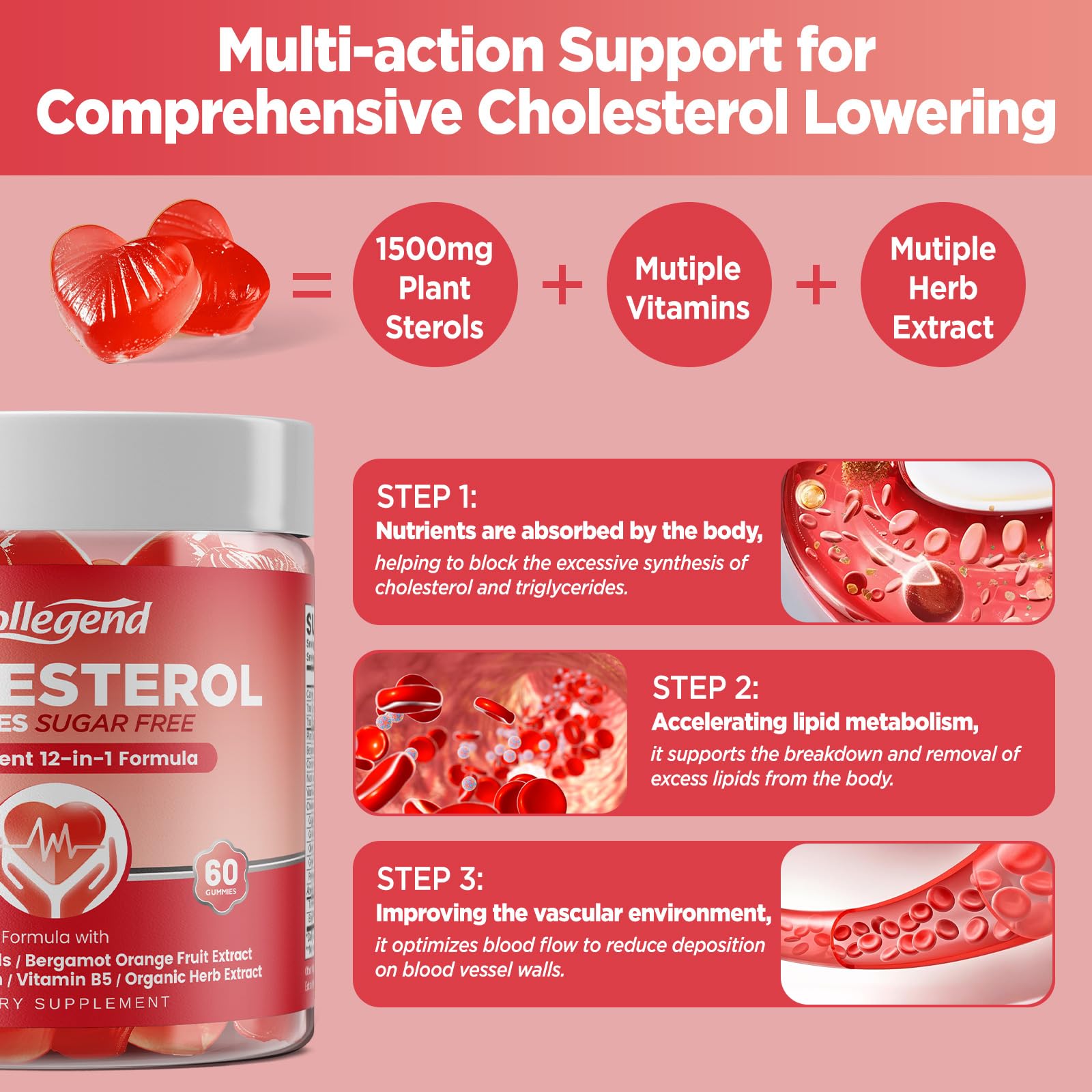 HOLLEGEND Cholesterol Gummies Sugar-Free,12-in-1 Cholesterol Supplements with Plant Sterols,Citrus Bergamot,CoQ10 and Vitamins for Cholesterol Health, Vegan, Mixed Berry Flavor, 60 Counts HOLLEGENDAu supplements