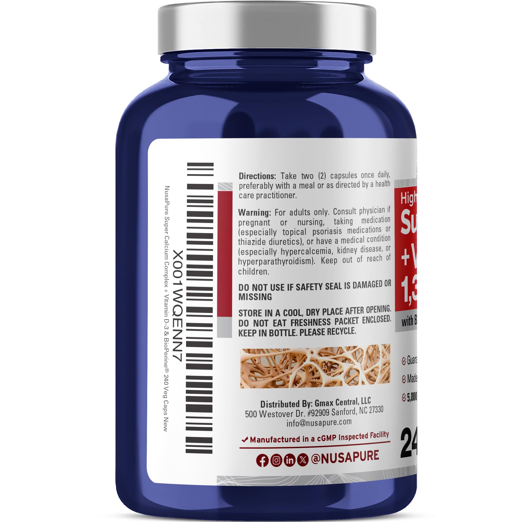 NusaPure Super Calcium with Vitamin D 3 & Calcium Citrate - Suitable for Vegetarian/Vegan, Non - GMO - 1300mg - 240 Capsules NusaPureAu supplements