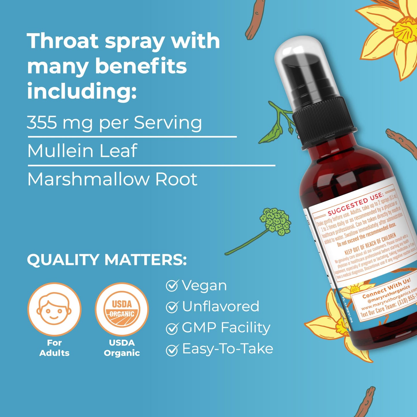 MaryRuth Organics USDA Organic Throat Spray with Mullein Leaf | Marshmallow Root & Licorice Root & Thyme Leaf | Vanilla | 4 Herbal Blend | Non-GMO | Vegan | Gluten Free | 1 Fl Oz | Up to 100 Servings MARYRUTH'SUS supplements