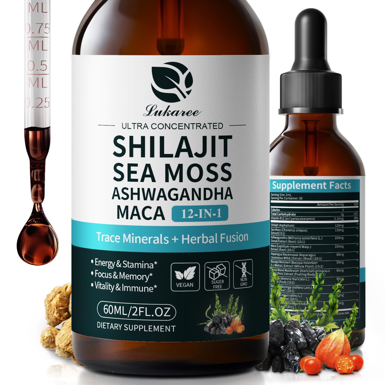Shilajit Liquid Drops, 12-in-1 Complex - Sea Moss, Ashwagandha, Maca, Fulvic Acid, Trace Minerals, Liquid Vitamins Supplement for Men and Women, Energy, Antioxidant, Immune Support, 60ML/2 FL Oz LukareeAu supplements
